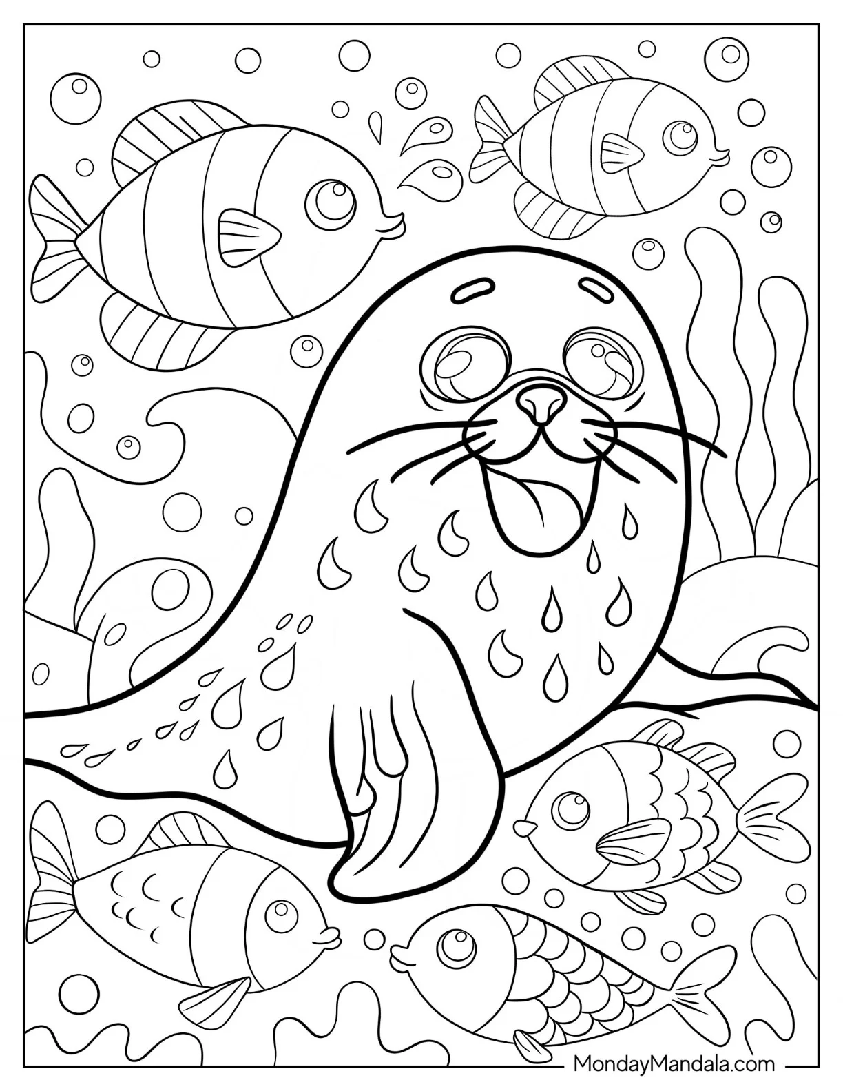 Happy Seal Coloring Page Underwater With Fish coloring page