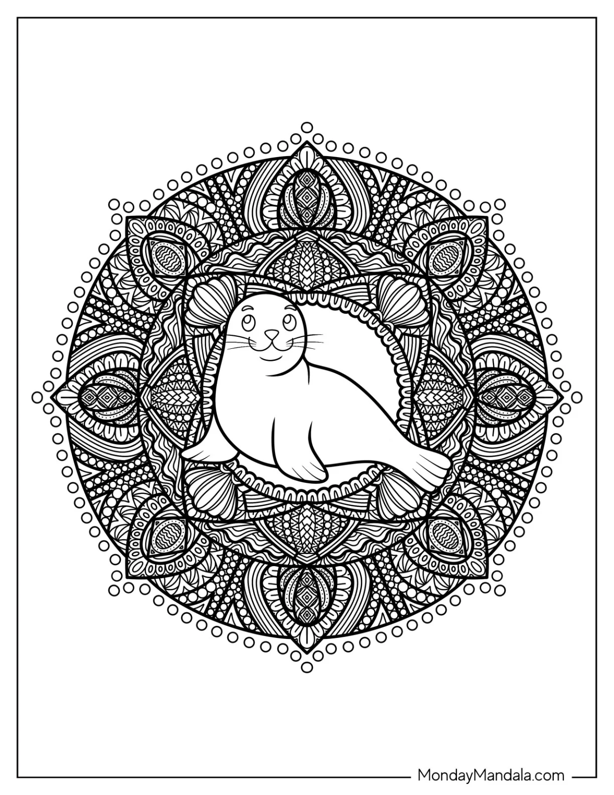 Intricate Flower Mandala with Seal Coloring Pagein in the Middle coloring page