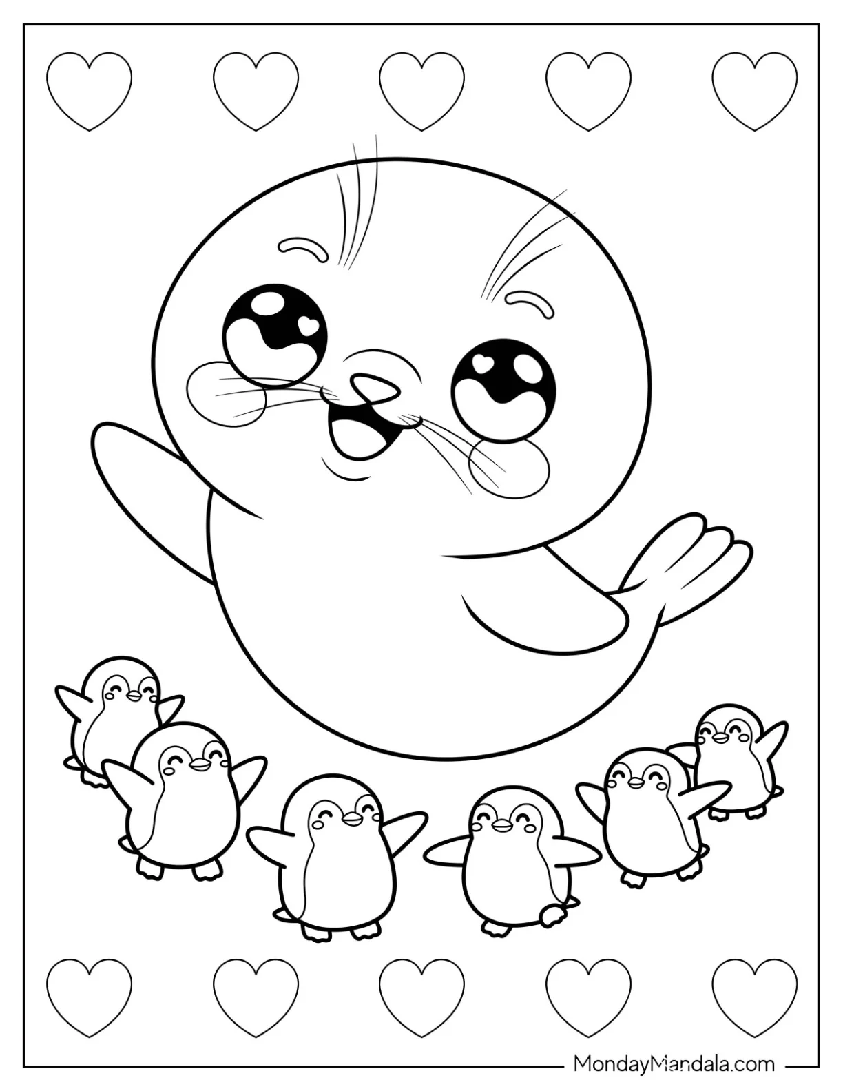 Kawaii Seal Coloring Page Waving for Preschoolers coloring page