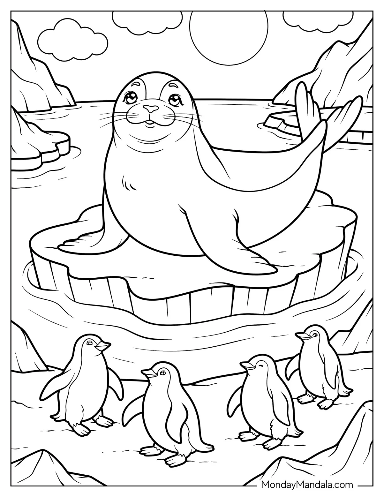 Large Seal Coloring Page on Ice Surrounded by Penguins coloring page