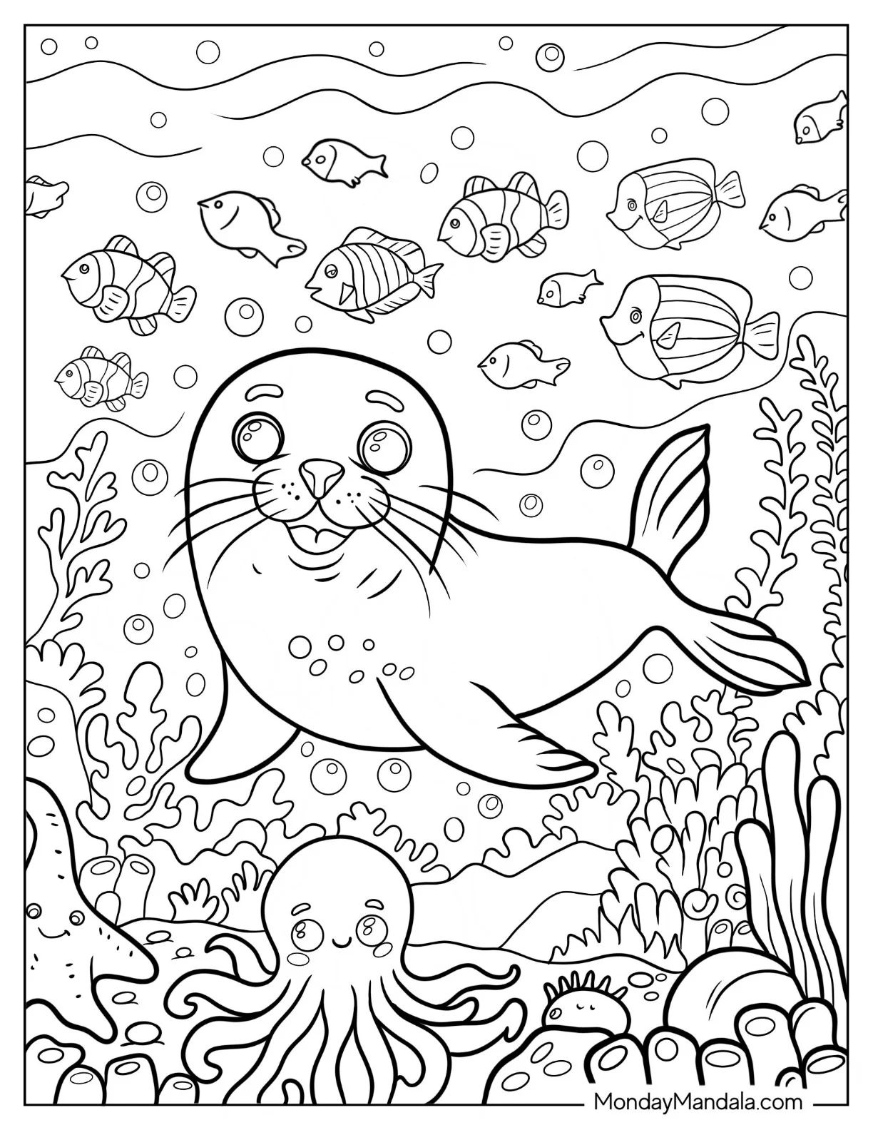 Laughing Baby Seal Coloring Page Under The Ocean coloring page — printable line art
