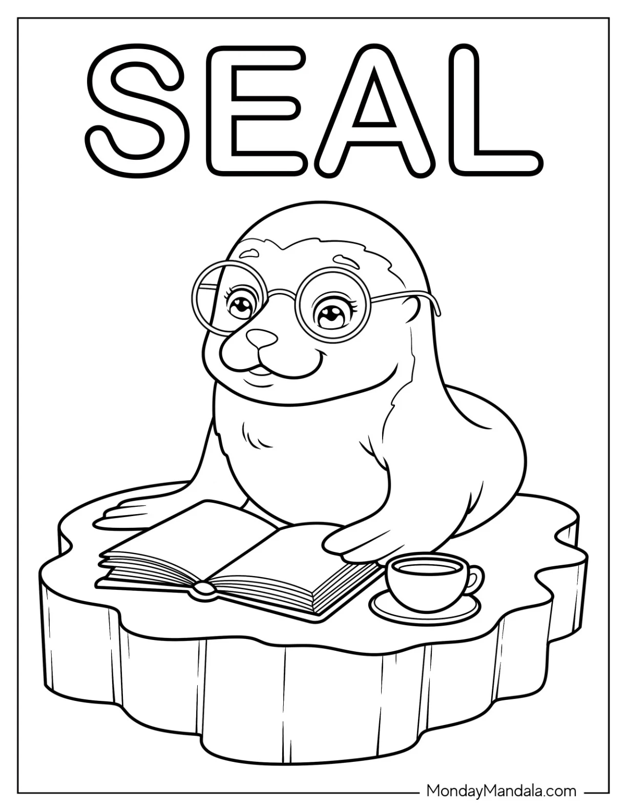 Nerdy Seal Coloring Page with Eyeglasses Reading a Book coloring page