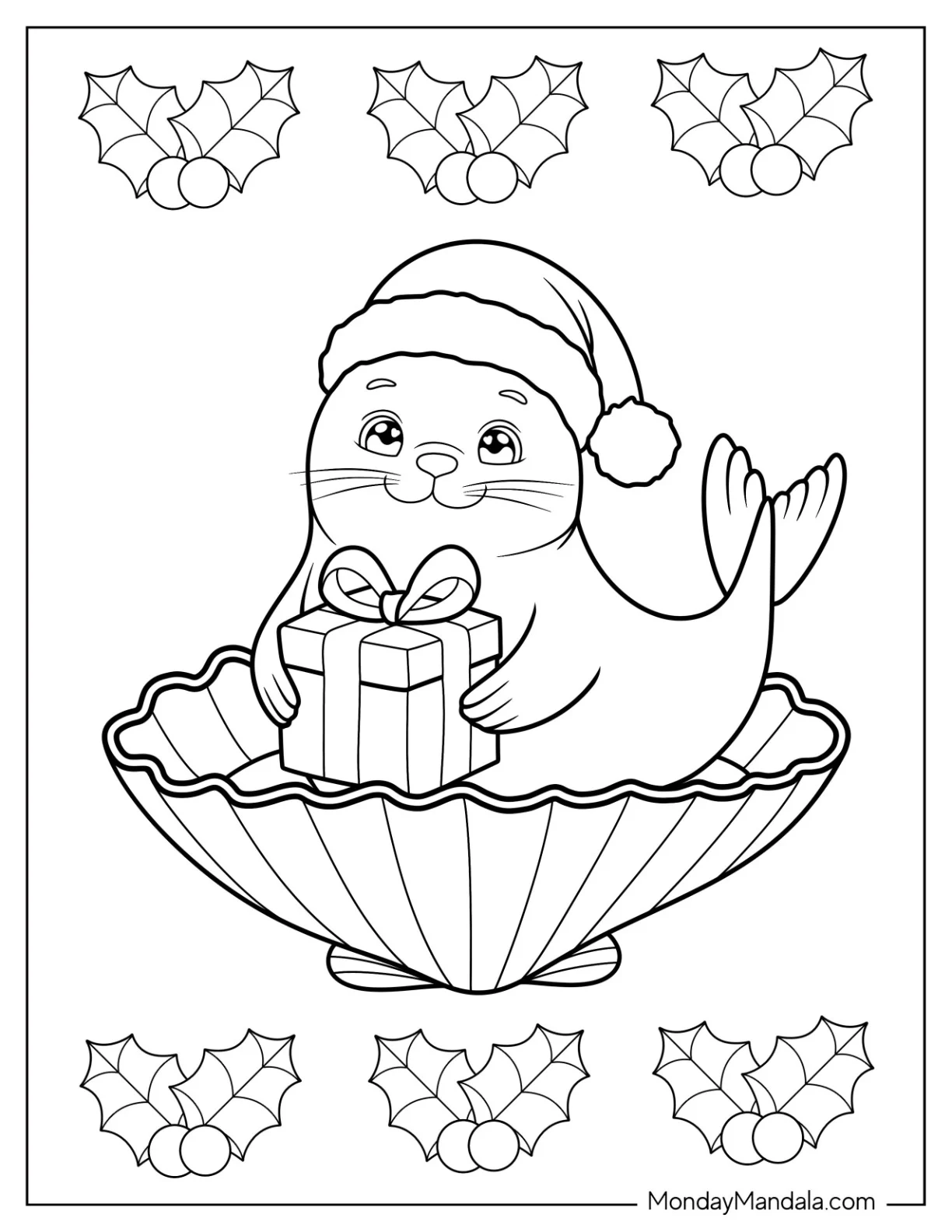 Seal Coloring Page in a Santa Hat Holding a Christmas Present coloring page