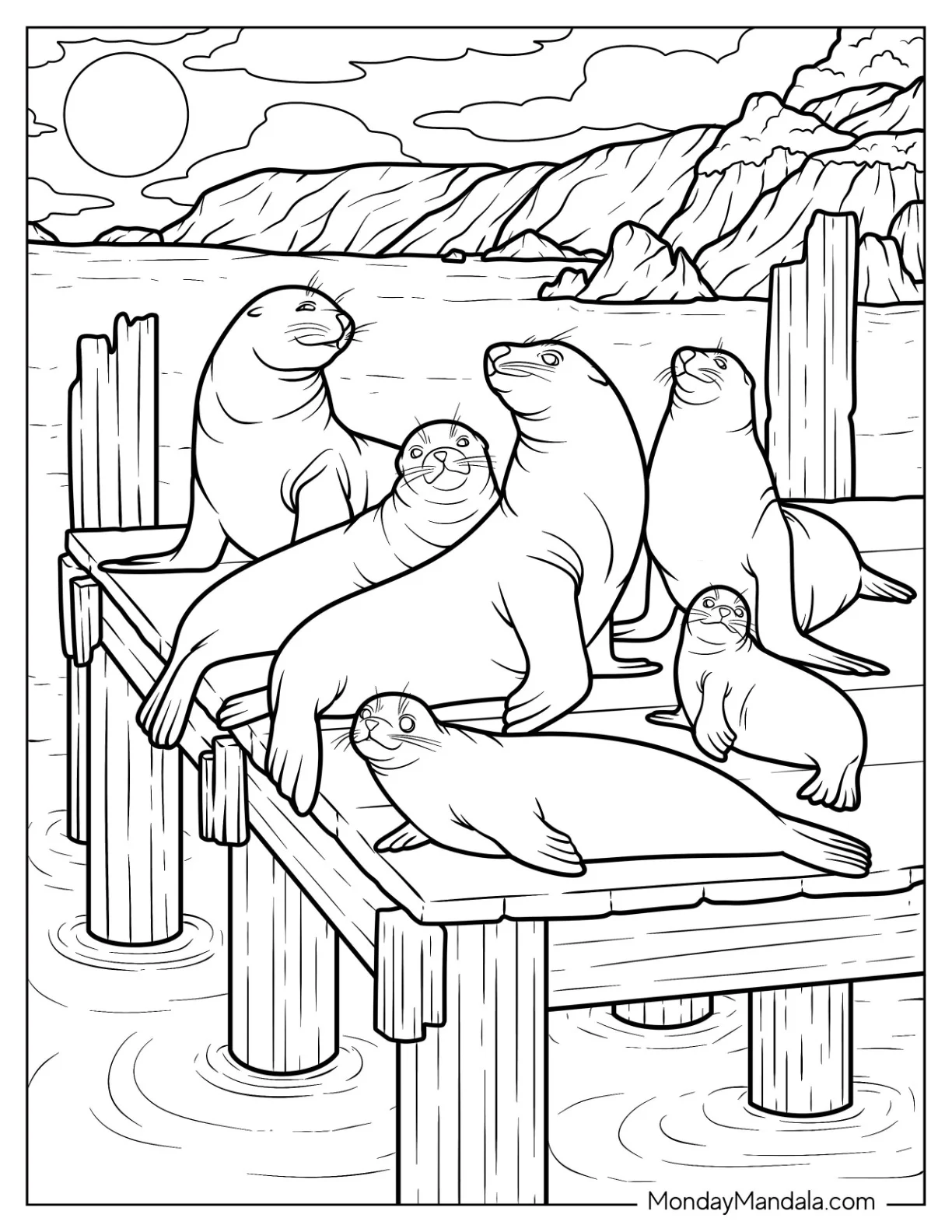 Seal Coloring Page Resting on a Wooden Dock coloring page