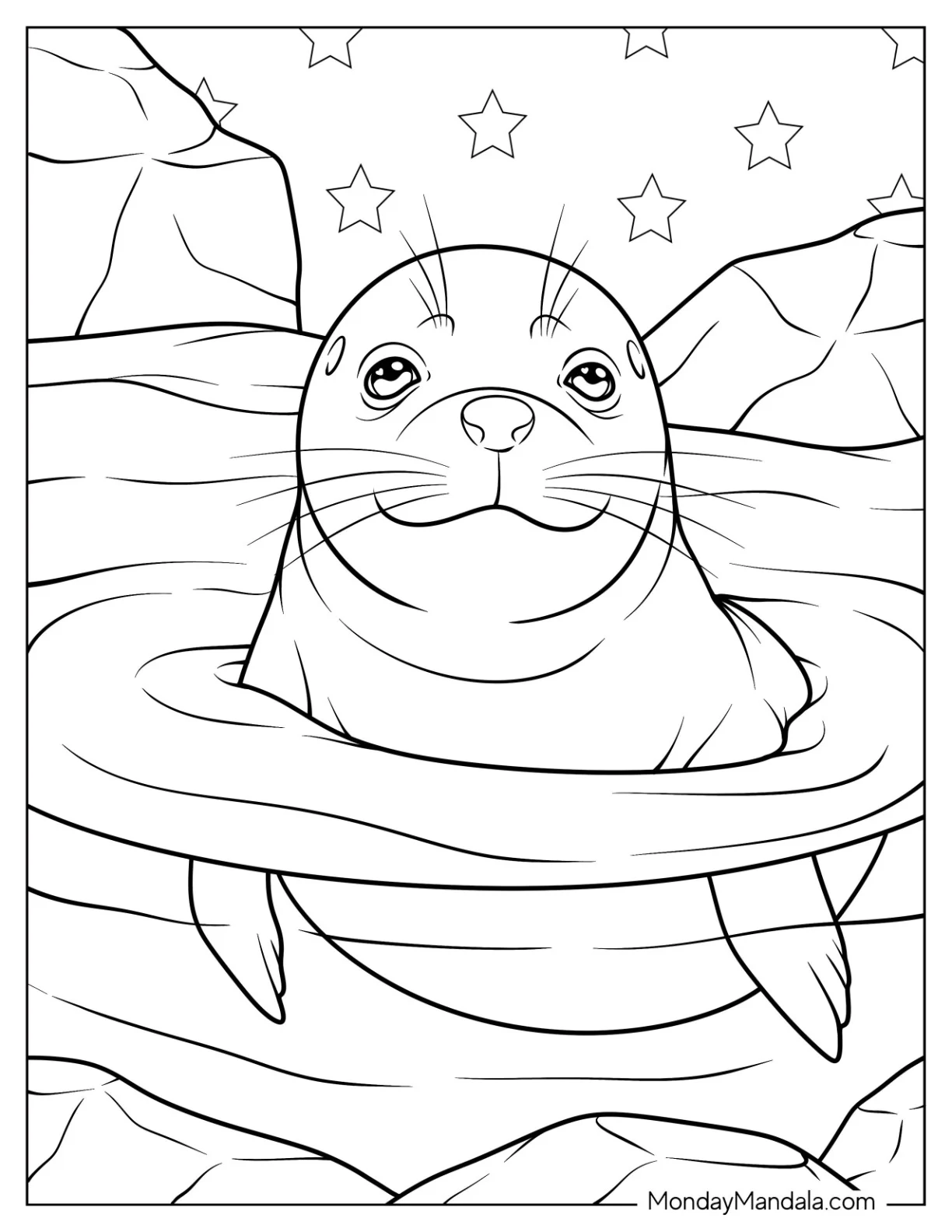 Seal Coloring Page Surfacing from the Water on a Starry Night for Kids coloring page — printable line art