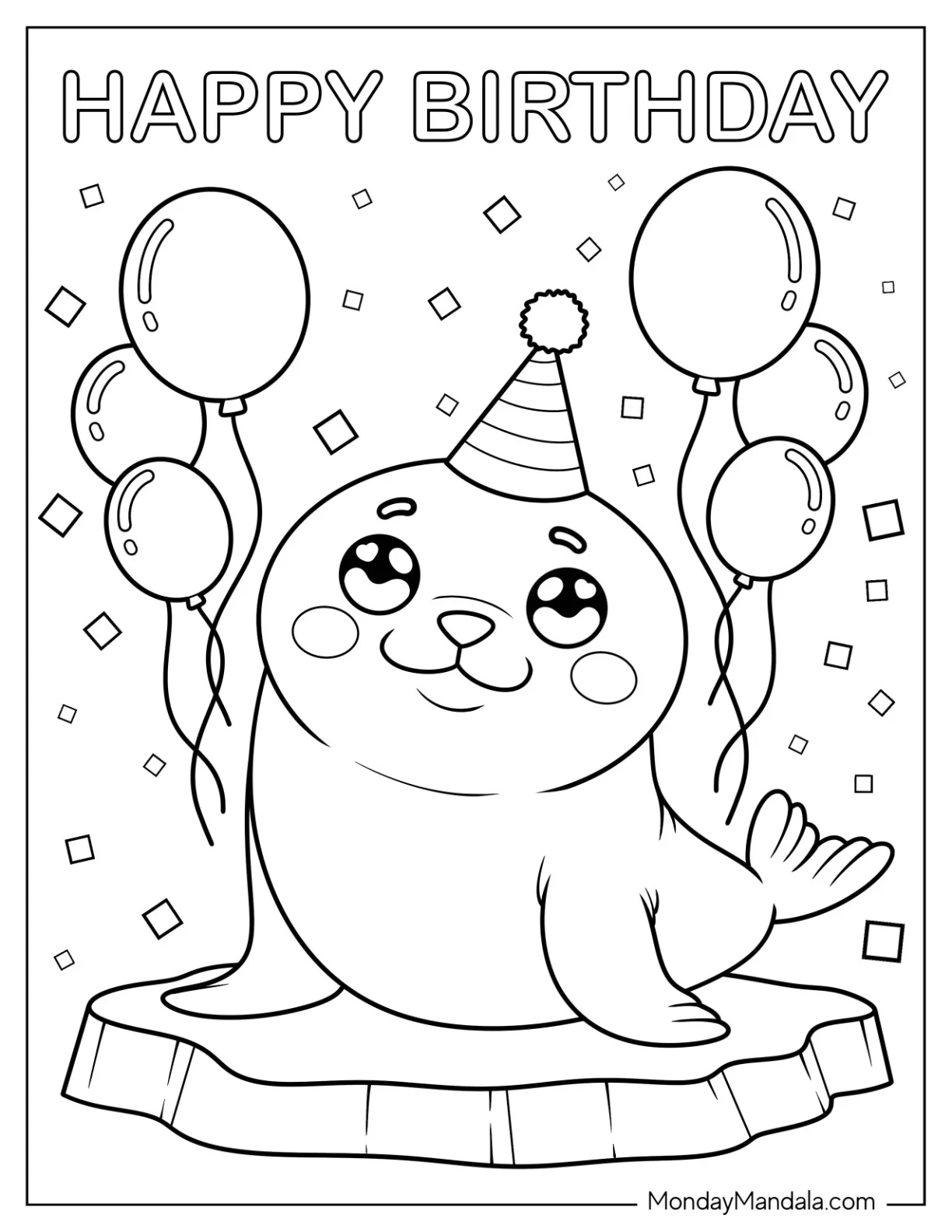 Seal Coloring Page with a Party Hat Surrounded by Birthday Balloons for Kids coloring page — printable line art
