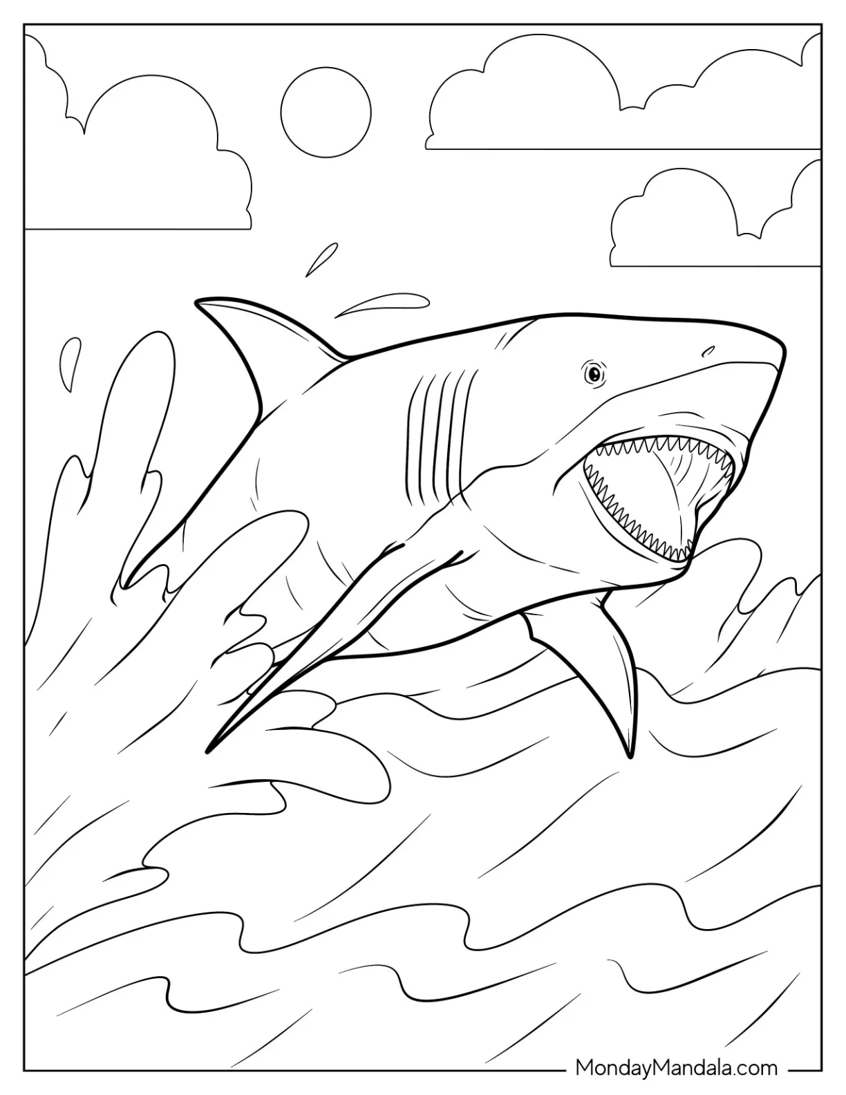 Big Shark Coloring Page Jumping Out Of Ocean coloring page — printable line art