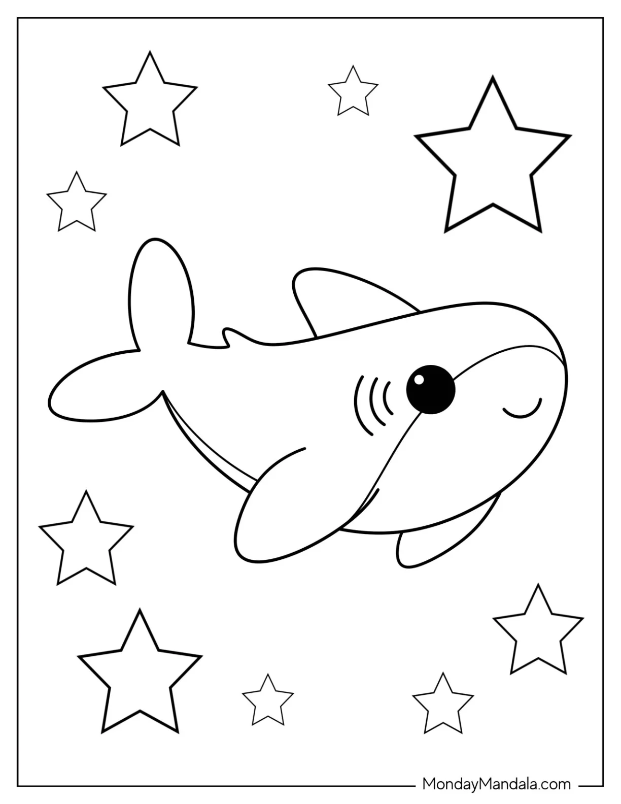 Chibi Shark Coloring Page With Stars coloring page — printable line art