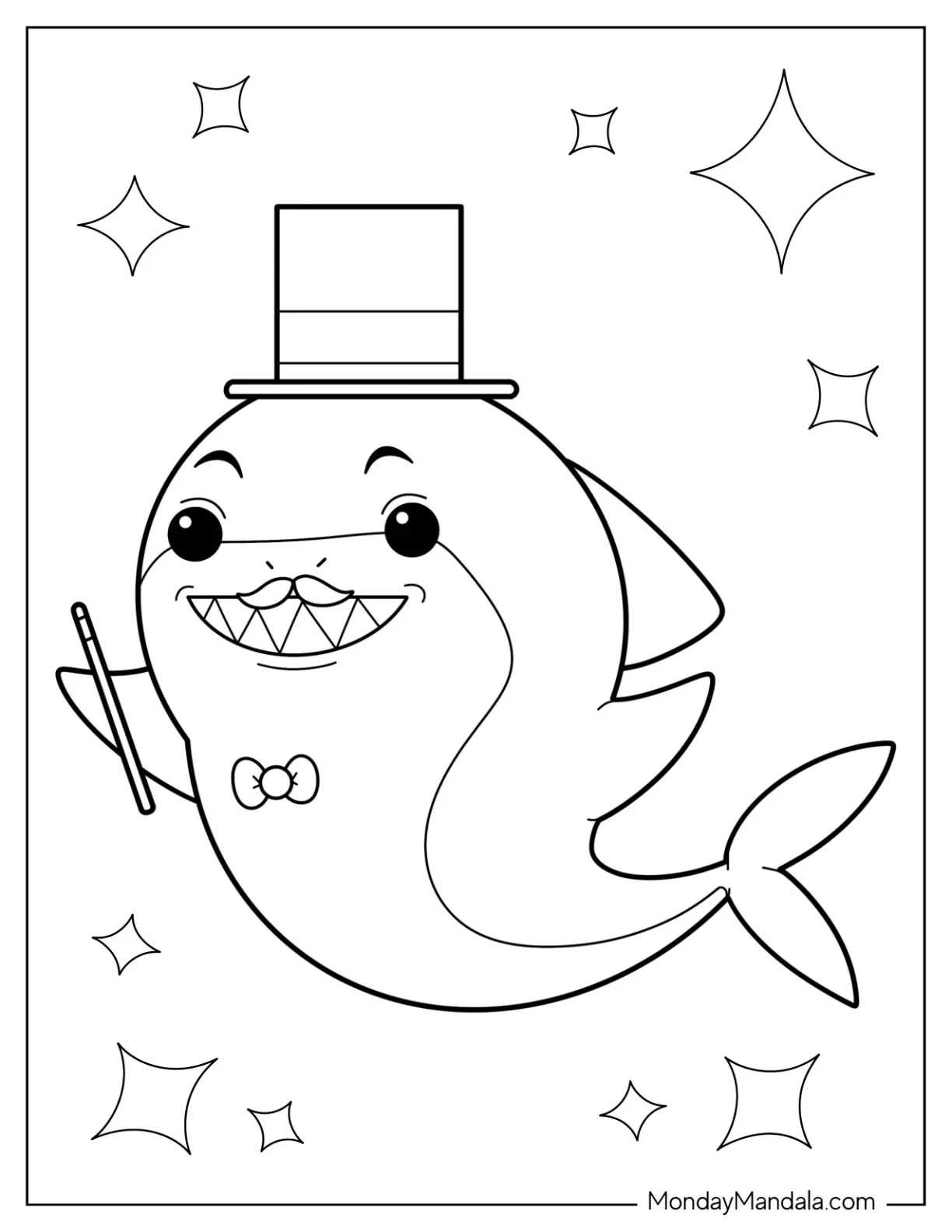 Cute Shark Coloring Page With Mustache, Bowtie, And Hat coloring page — printable line art