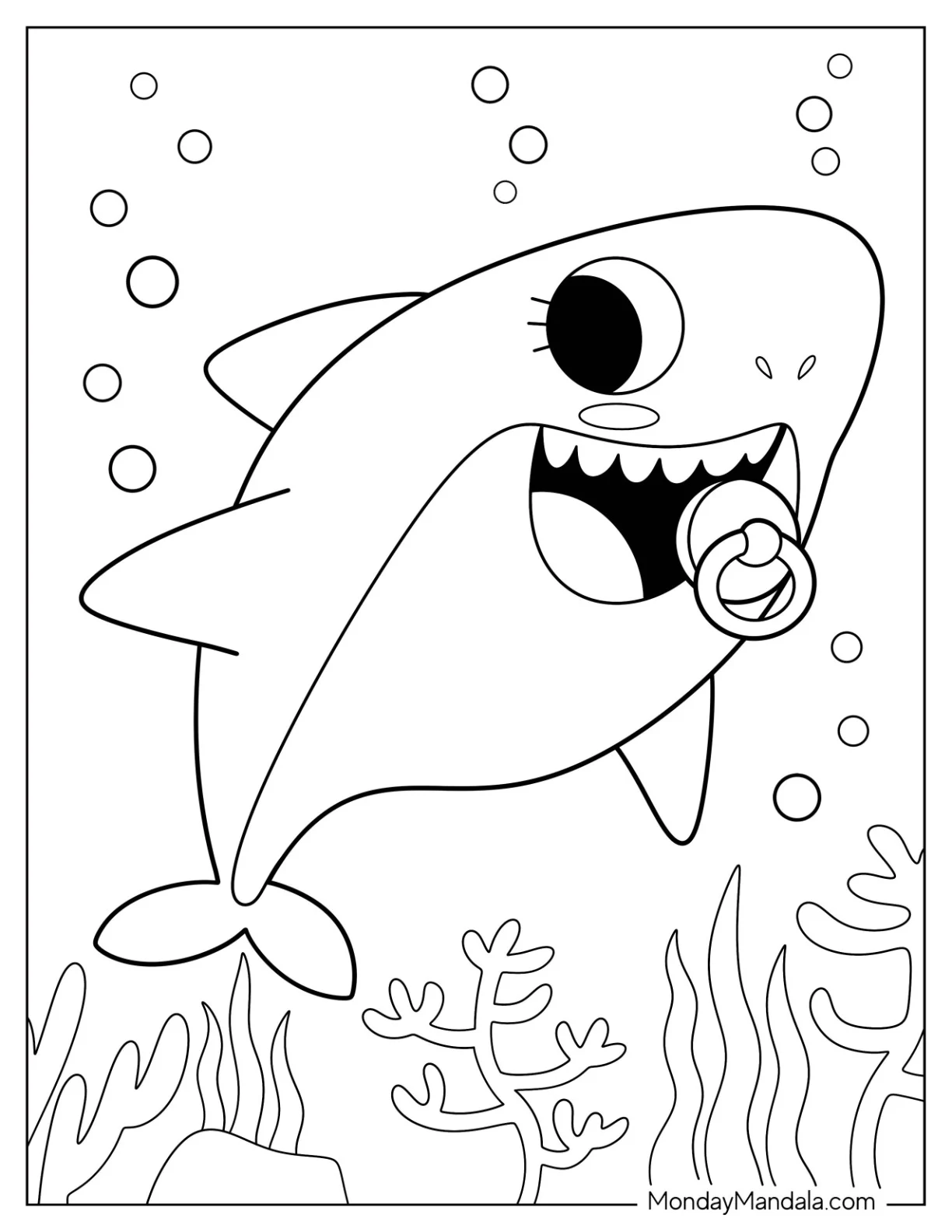 Cute Shark Coloring Page With Pacifier coloring page