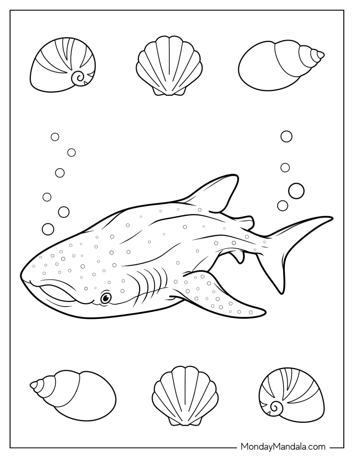 Cute Whale Shark Coloring Page With Seashells coloring page — printable line art