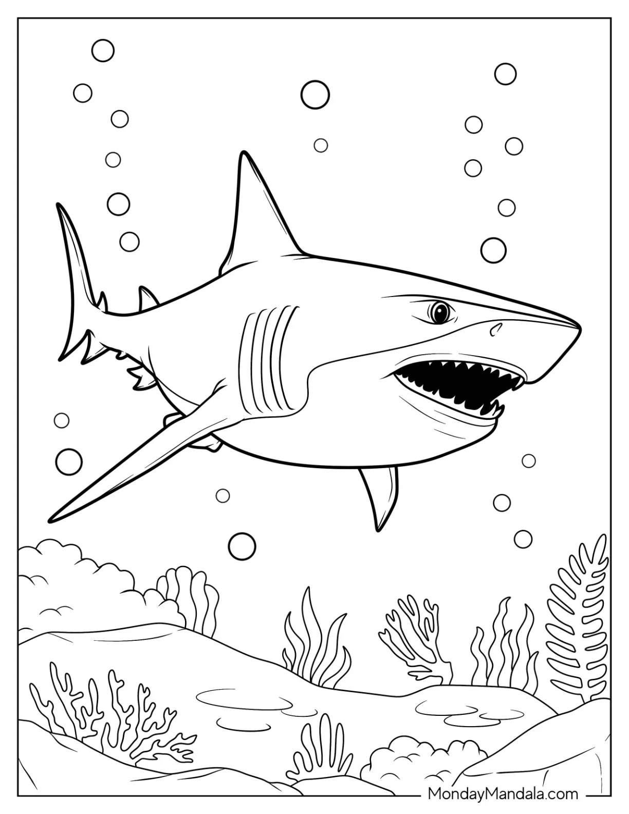 Great White Shark Coloring Page With Bubbles coloring page