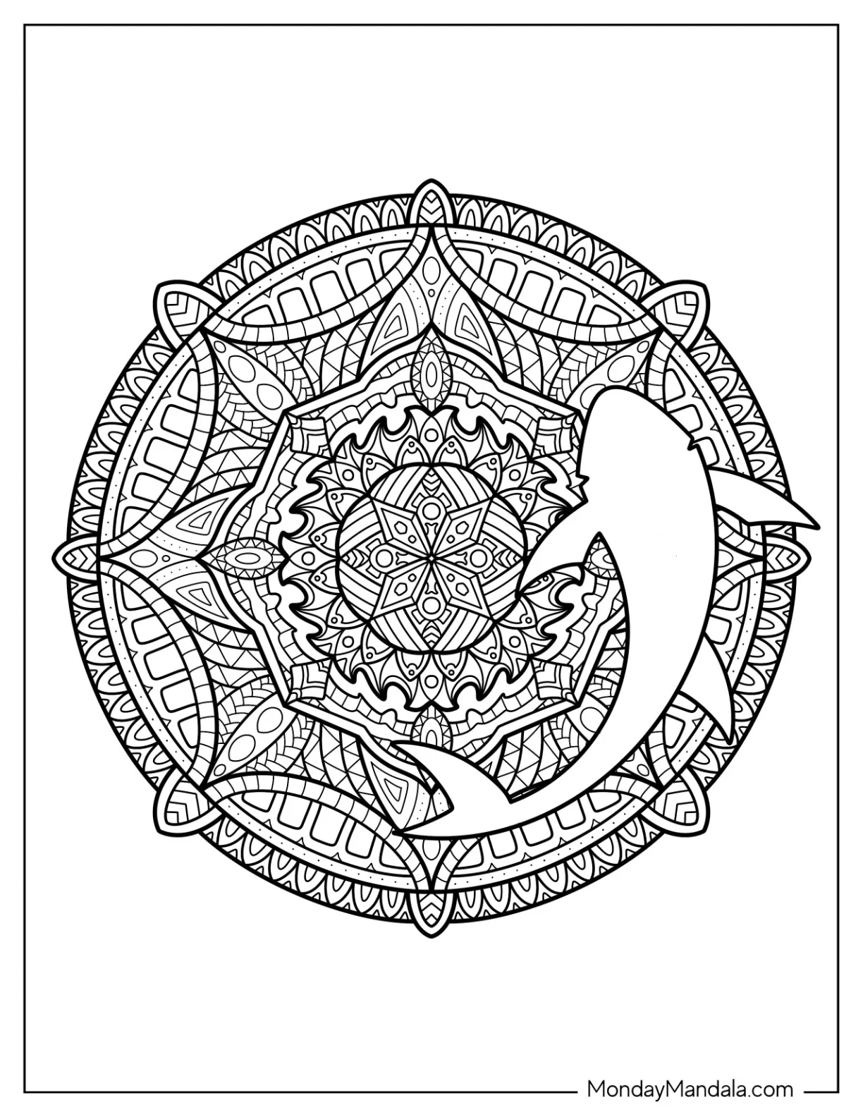 Mandala With Shark Coloring Page Outline coloring page