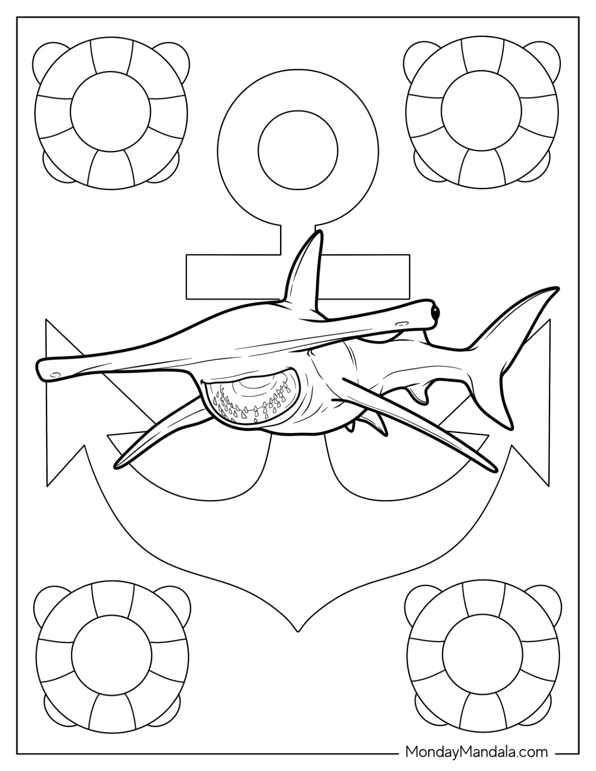 Realistic Hammerhead Shark Coloring Page With Anchor coloring page