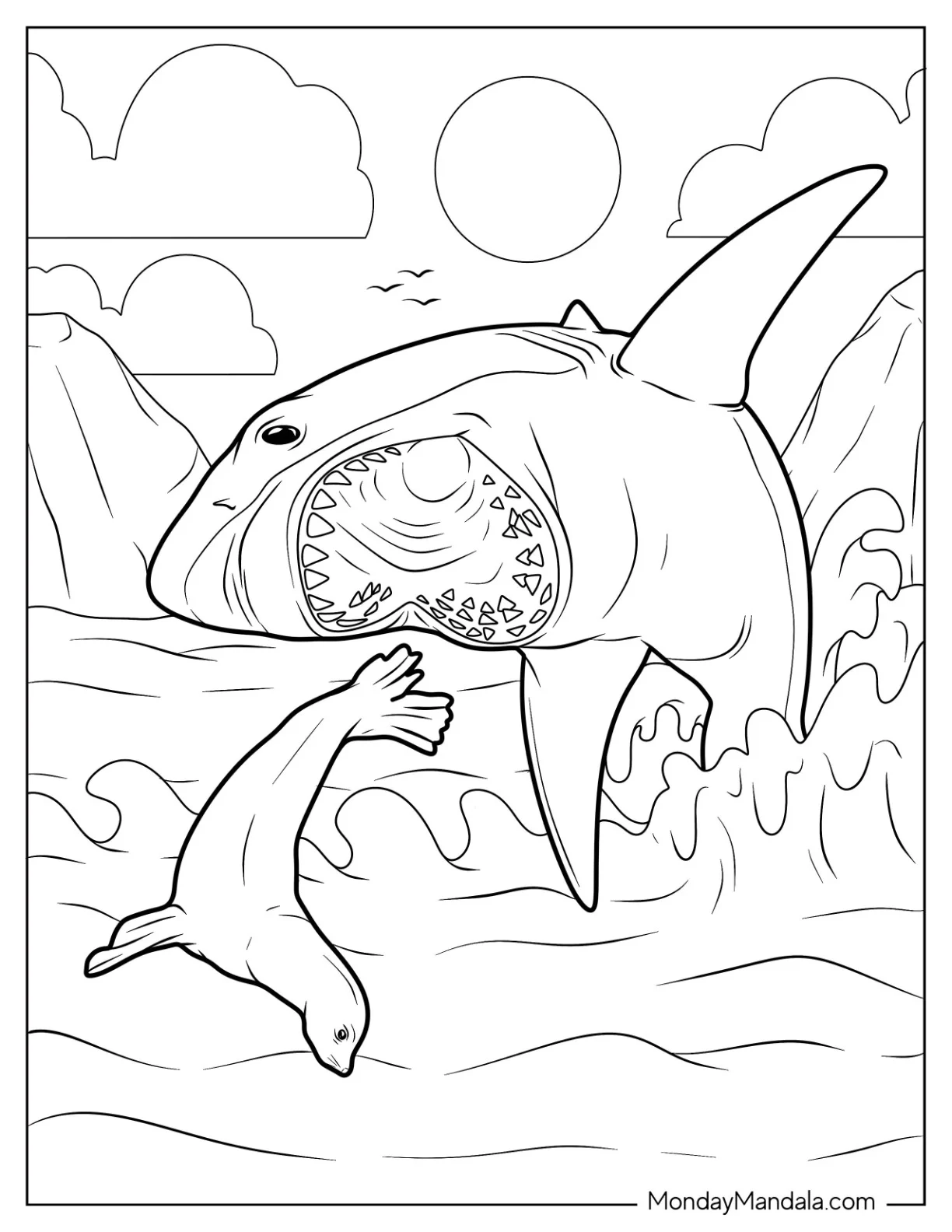 Shark Coloring Page Chasing Seal In The Ocean coloring page