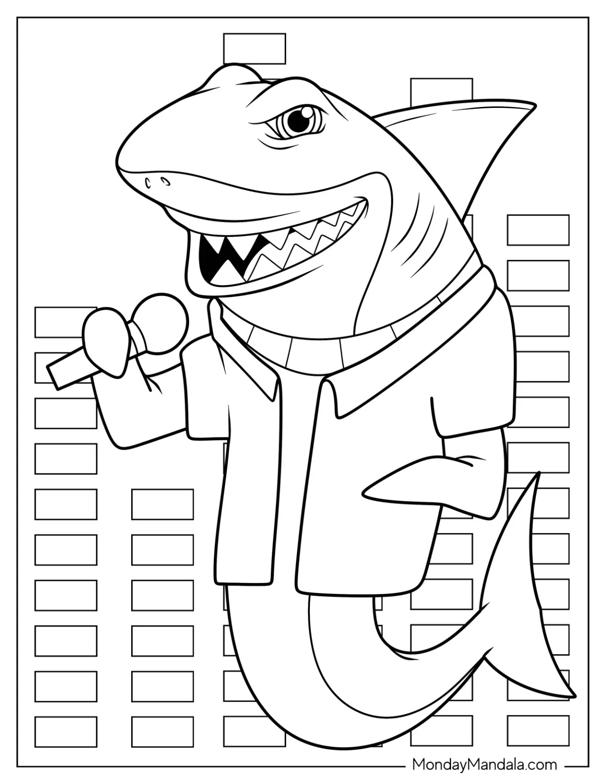 Shark Colornig Page In Shirt Singing On Microphone coloring page