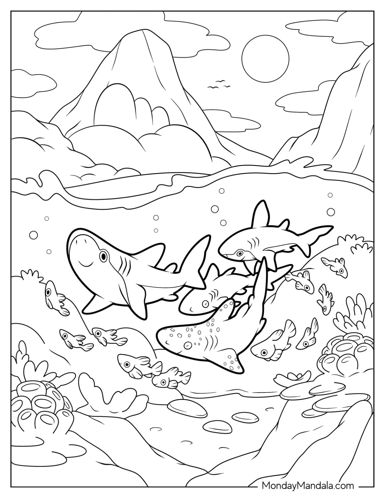 Sharks Coloring Page And Fish Beneath The Water Surface coloring page