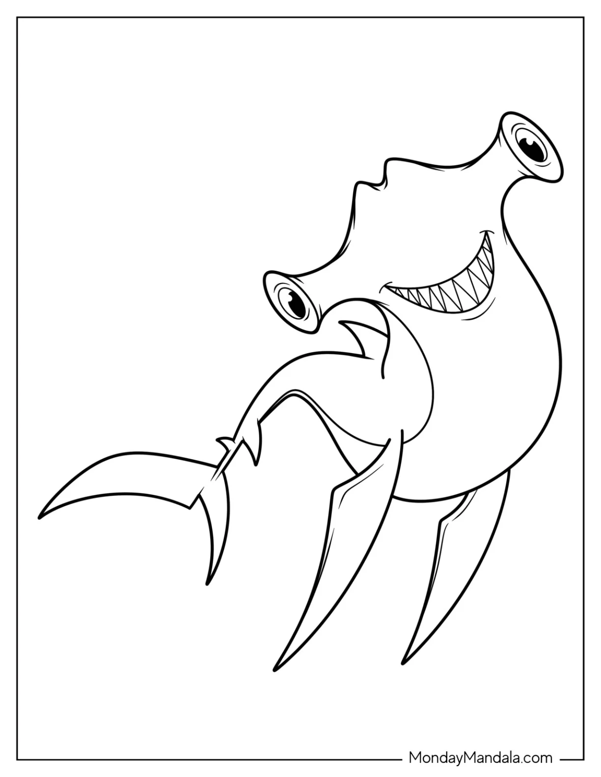 Smiling Hammerhead Shark Coloring Page coloring page — printable line art