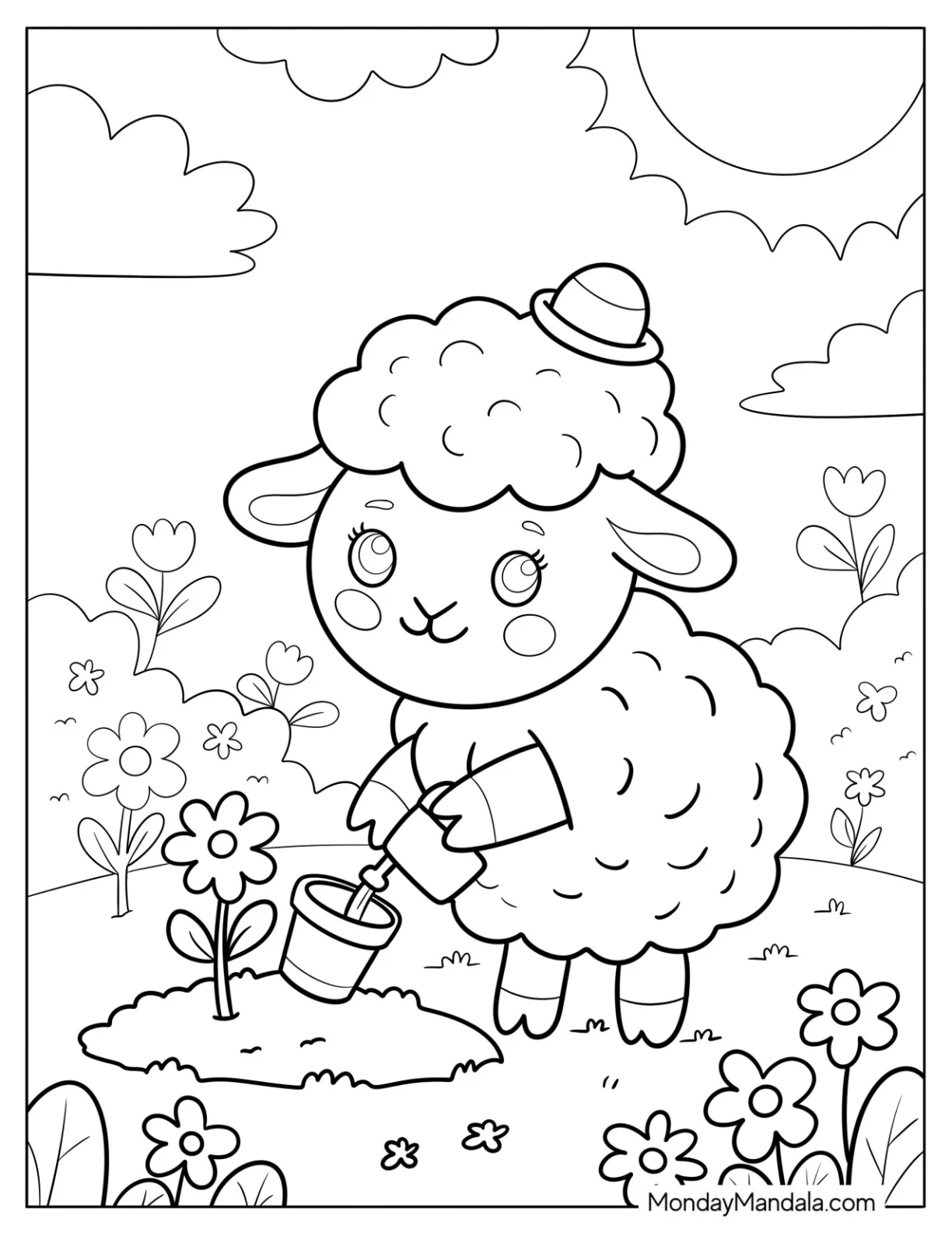 Adorable Sheep Coloring Page with Watering Can in a Garden for Kids coloring page — printable line art