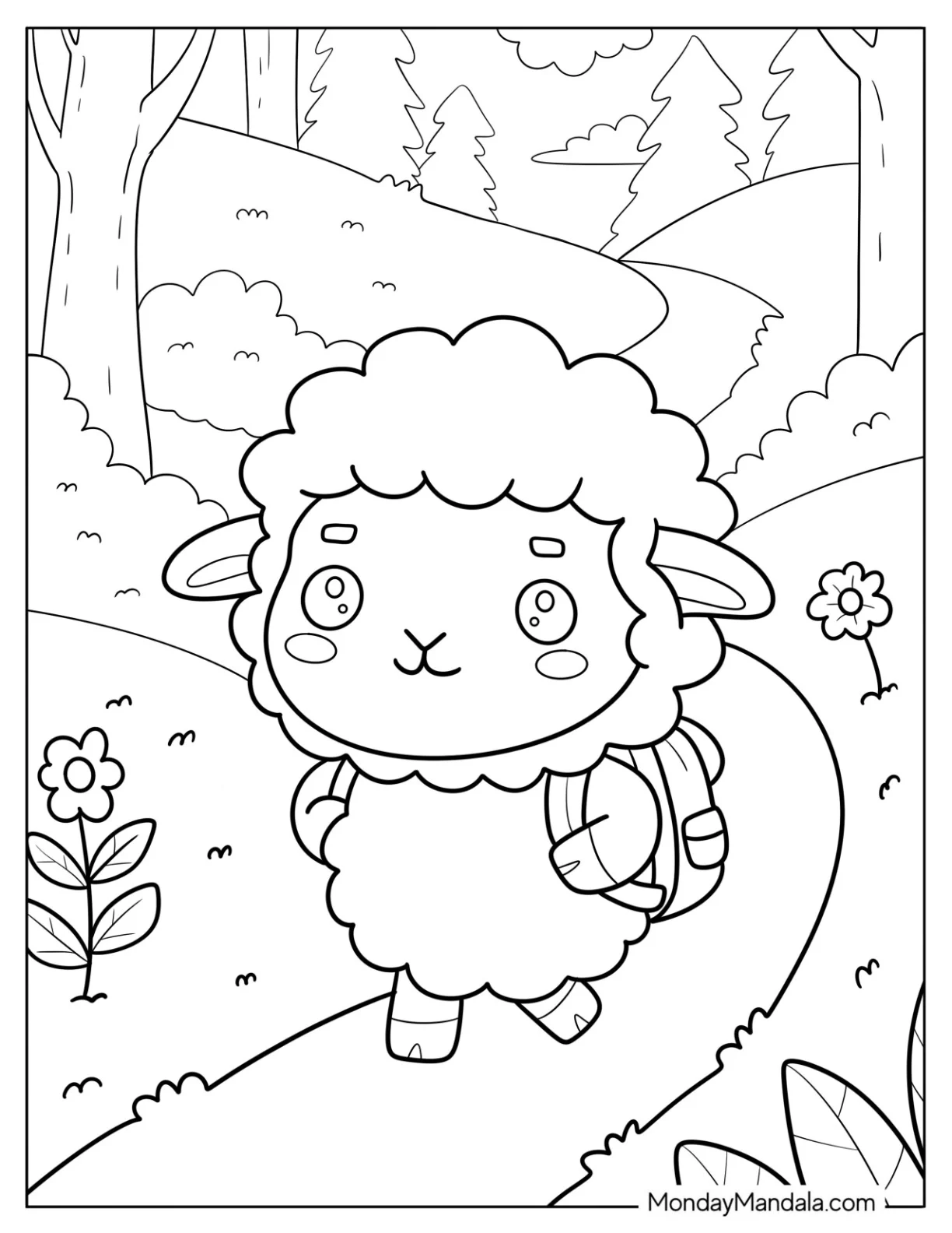 Adventurous Sheep Coloring Page with a Backpack Walking Through the Forest for Preschoolers coloring page — printable line art