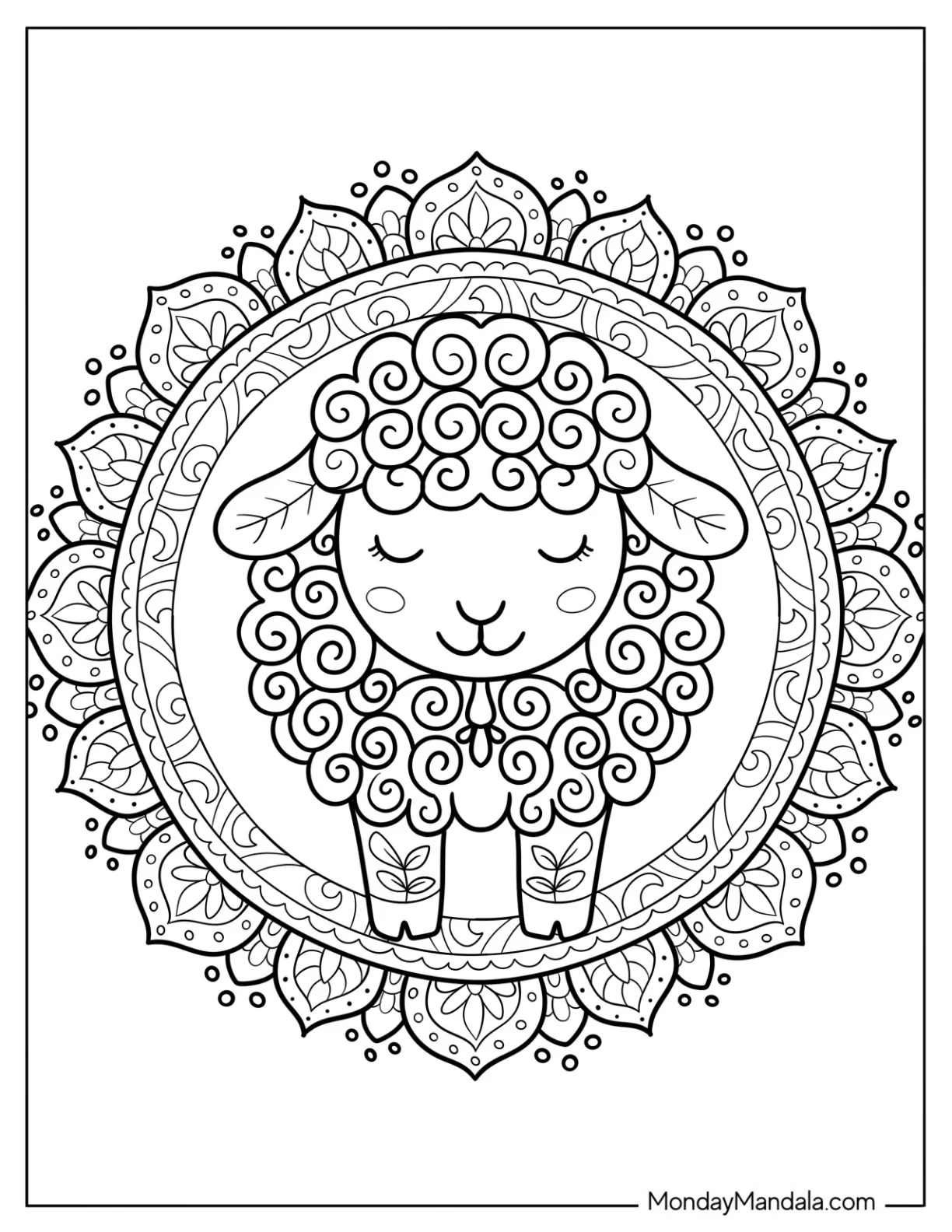 Calm Cartoon Sheep Coloring Page Centered in a Detailed Boho Mandala coloring page — printable line art