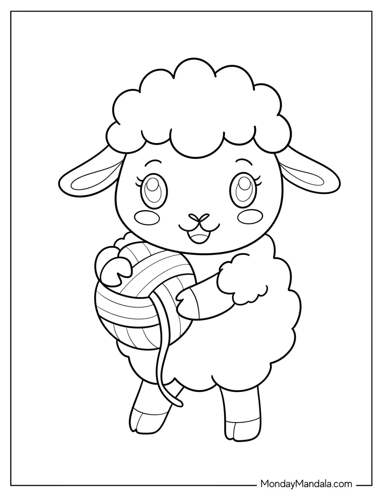 Cheerful Sheep Coloring Page Hugging a Colorful Wool Ball coloring page — printable line art