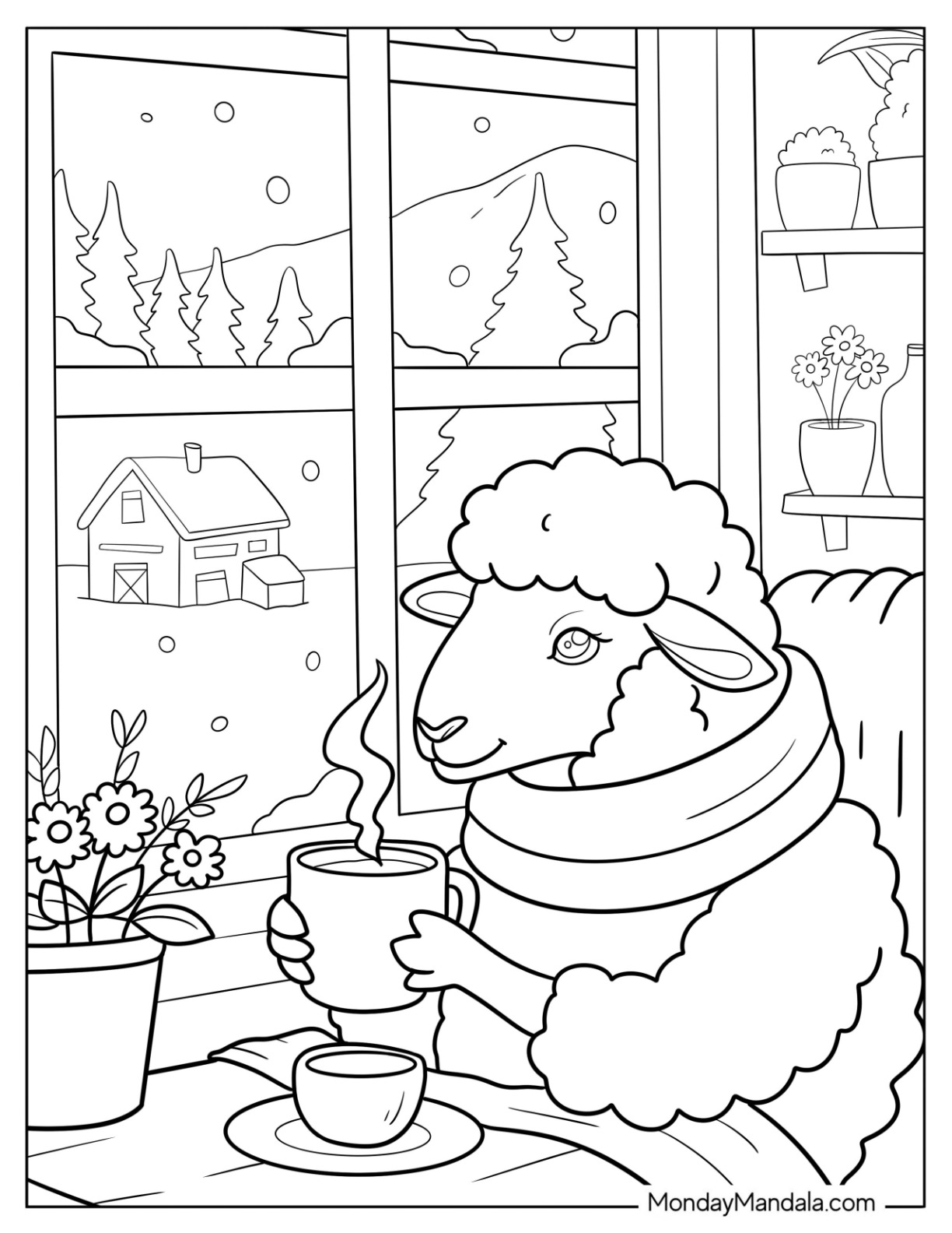 Cozy Sheep Coloring Page Drinking Hot Chocolate by the Window coloring page