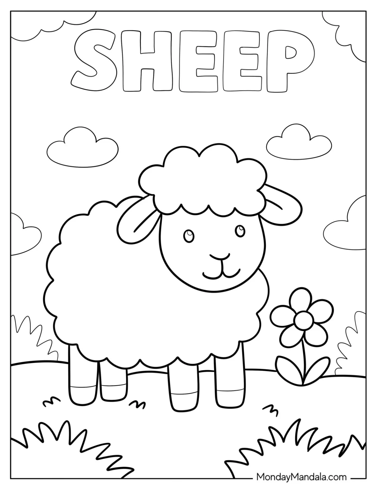 Easy Sheep Coloring Page with Flower and Large Text coloring page