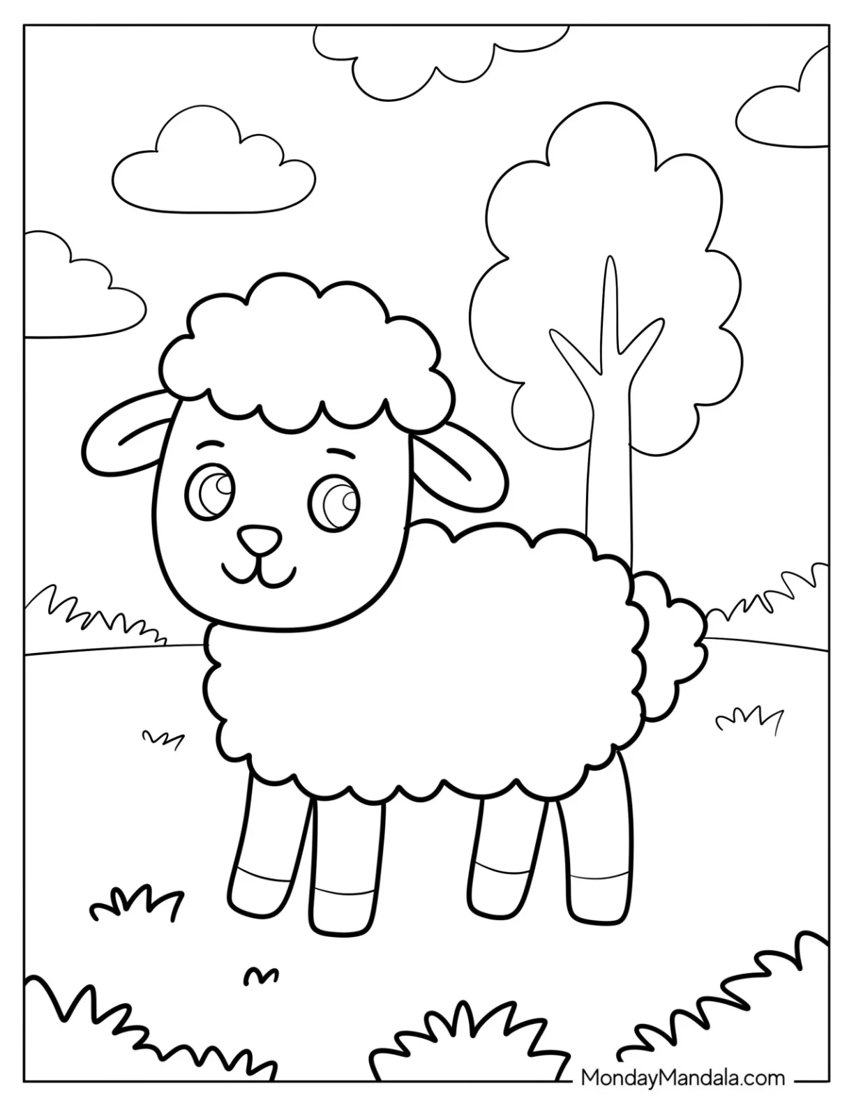 Friendly Little Sheep Coloring Page Standing in a Sunny Field for Preschoolers coloring page