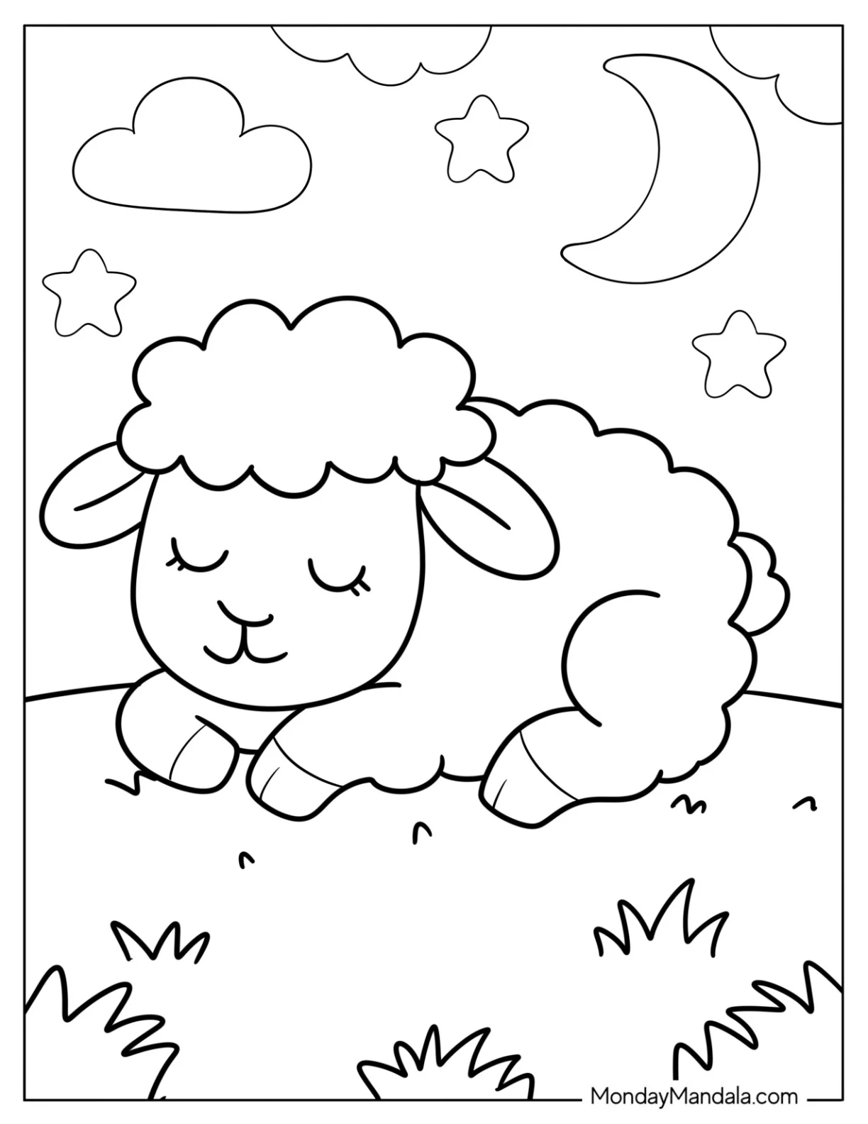Gentle Cartoon Sheep Coloring Page Dozing Off in a Quiet Meadow for Preschoolers coloring page — printable line art