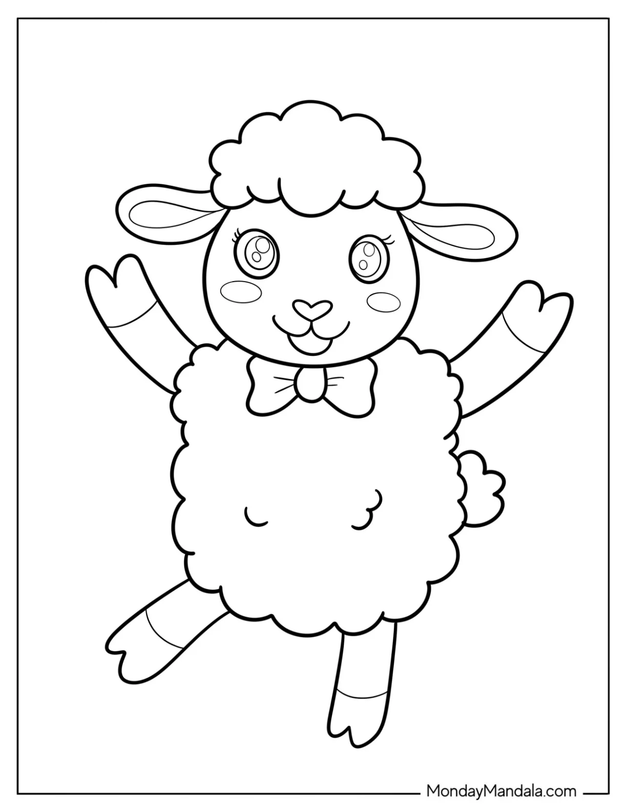 Happy Fluffy Sheep Coloring Page Wearing a Bow for Preschoolers coloring page — printable line art