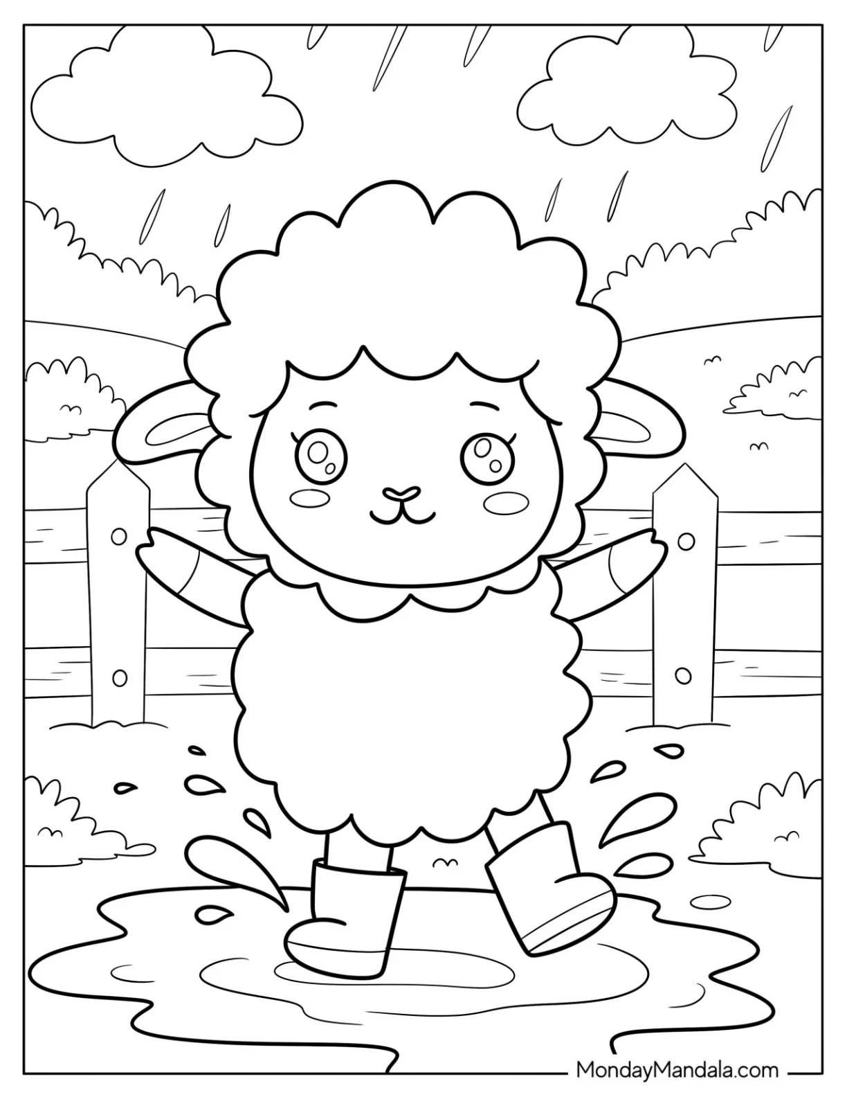 Happy Sheep Coloring Page Splashing in Muddy Puddles for Preschoolers coloring page — printable line art
