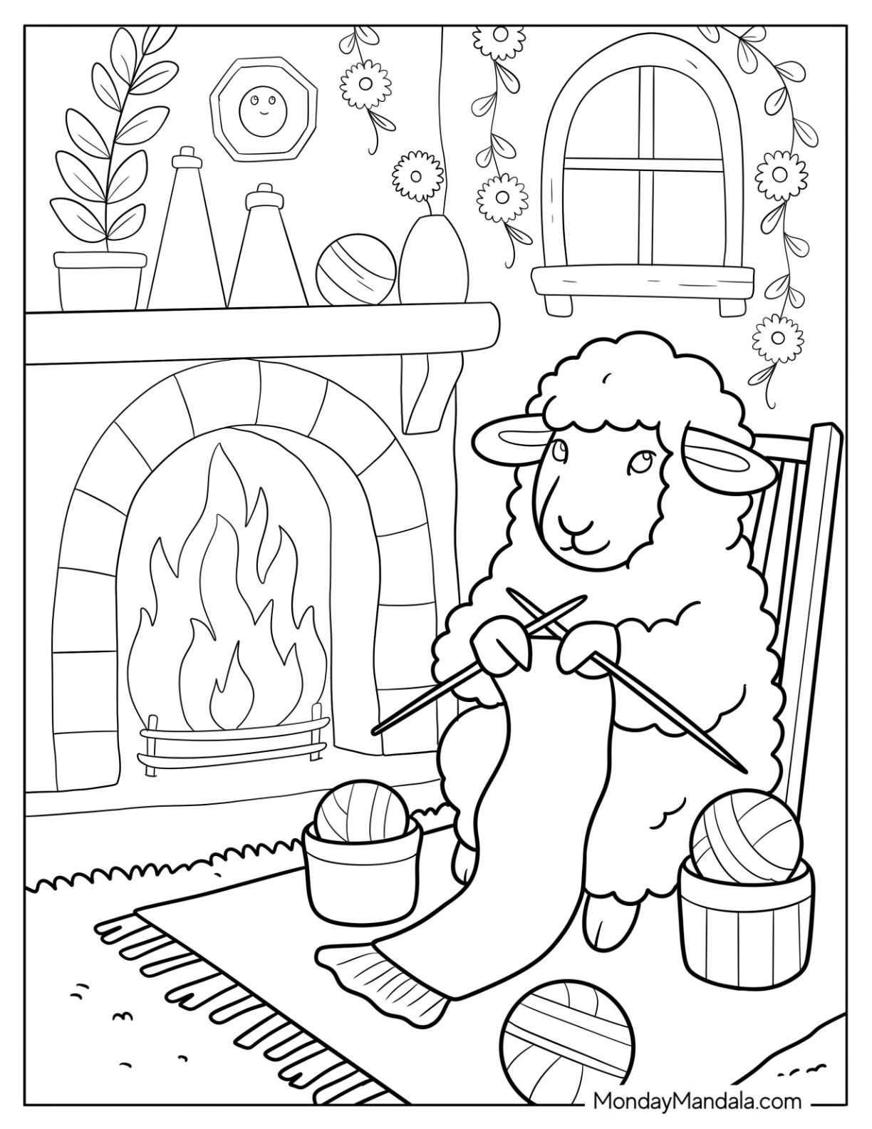 Knitting Sheep Coloring Page Sitting by a Roaring Fire for Kids coloring page — printable line art