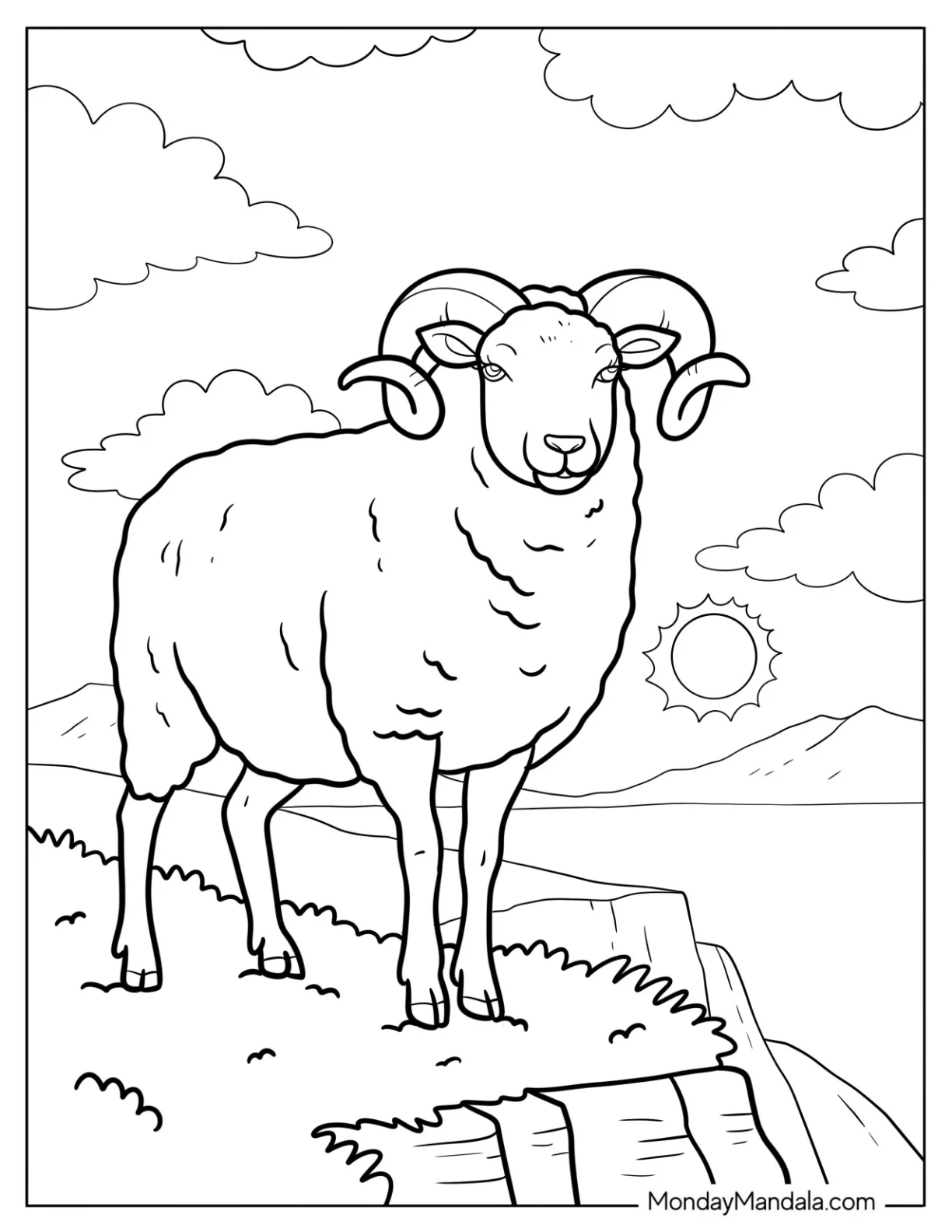 Majestic Bighorn Sheep Coloring Page on a Cliffside coloring page — printable line art