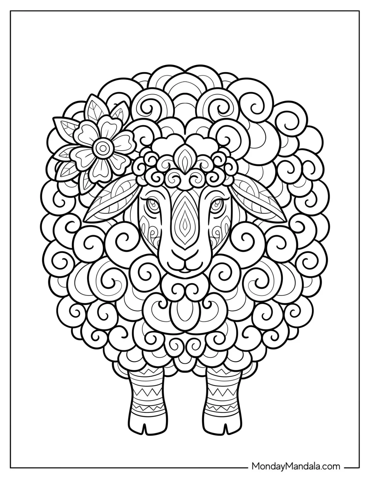 Ornate Mandala Sheep Coloring Page with Swirly Wool for Adults coloring page