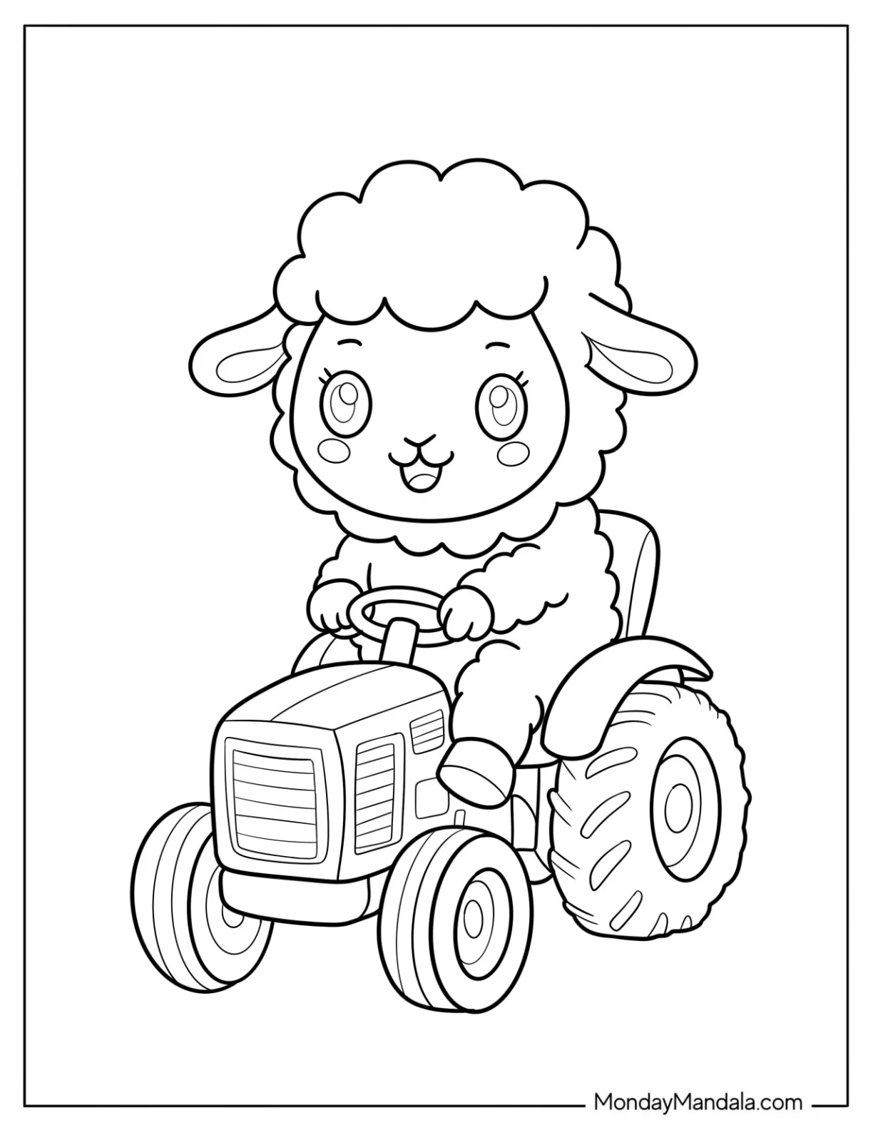 Playful Cartoon Sheep Coloring Page Driving a Farm Tractor for Preschoolers coloring page