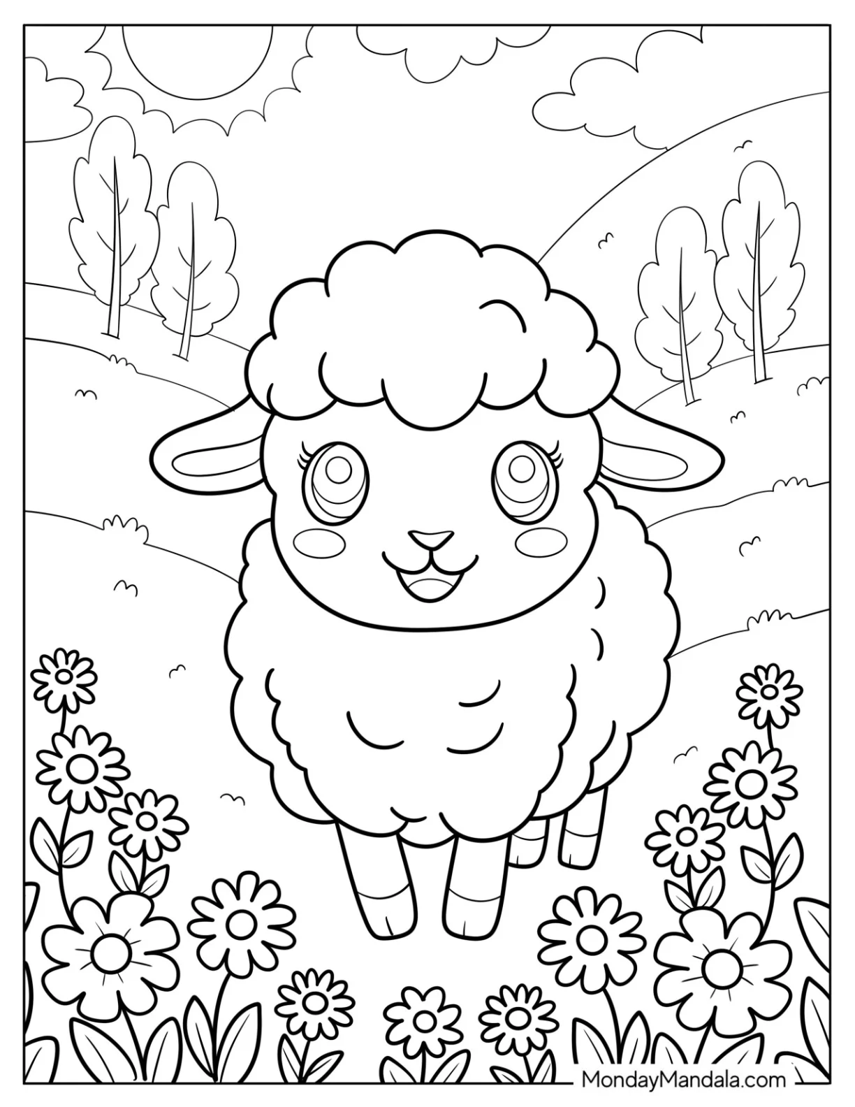 Pretty Cartoon Sheep Coloring Page Surrounded by Blossoms coloring page