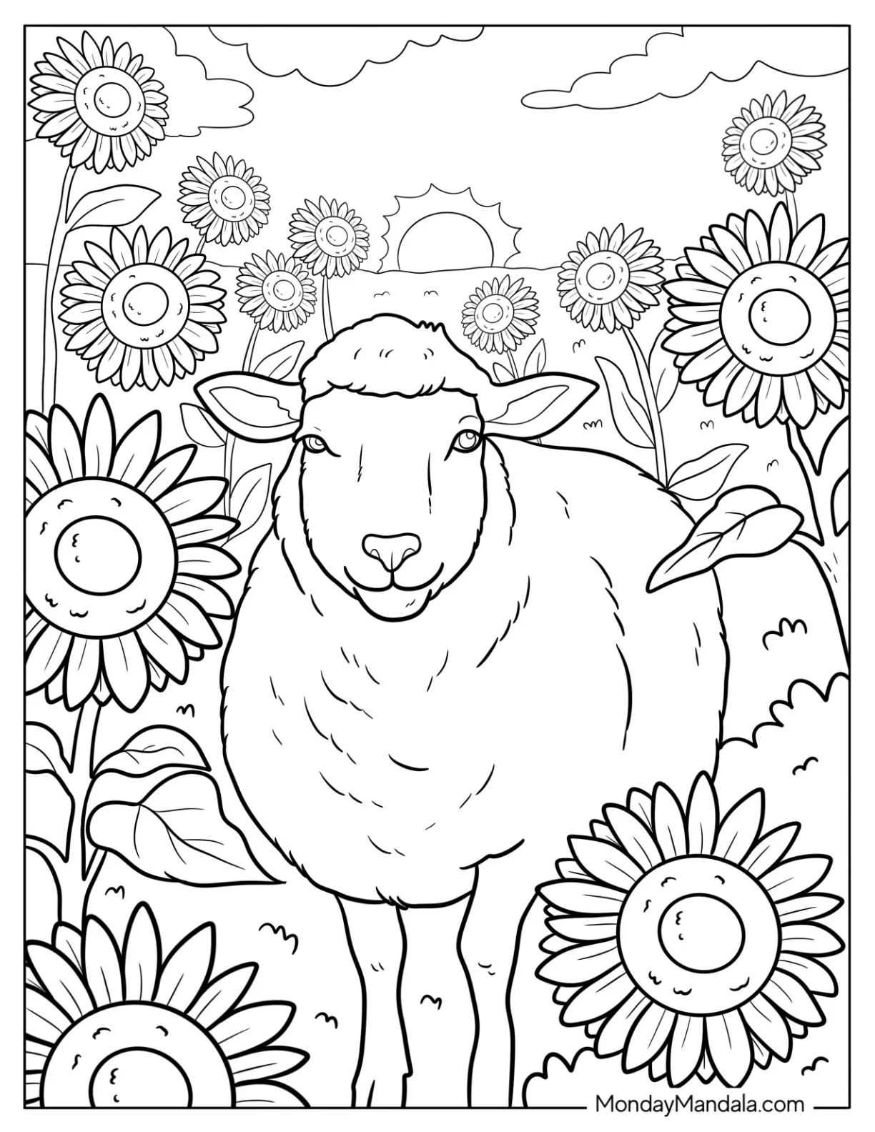 Pretty Sheep Coloring Page Standing in a Sunny Sunflower Field coloring page