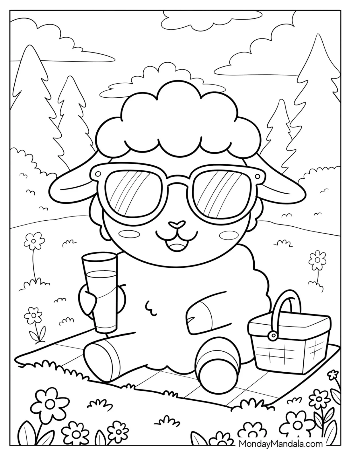 Relaxed Sheep Coloring Page Sipping Juice on a Sunny Day coloring page