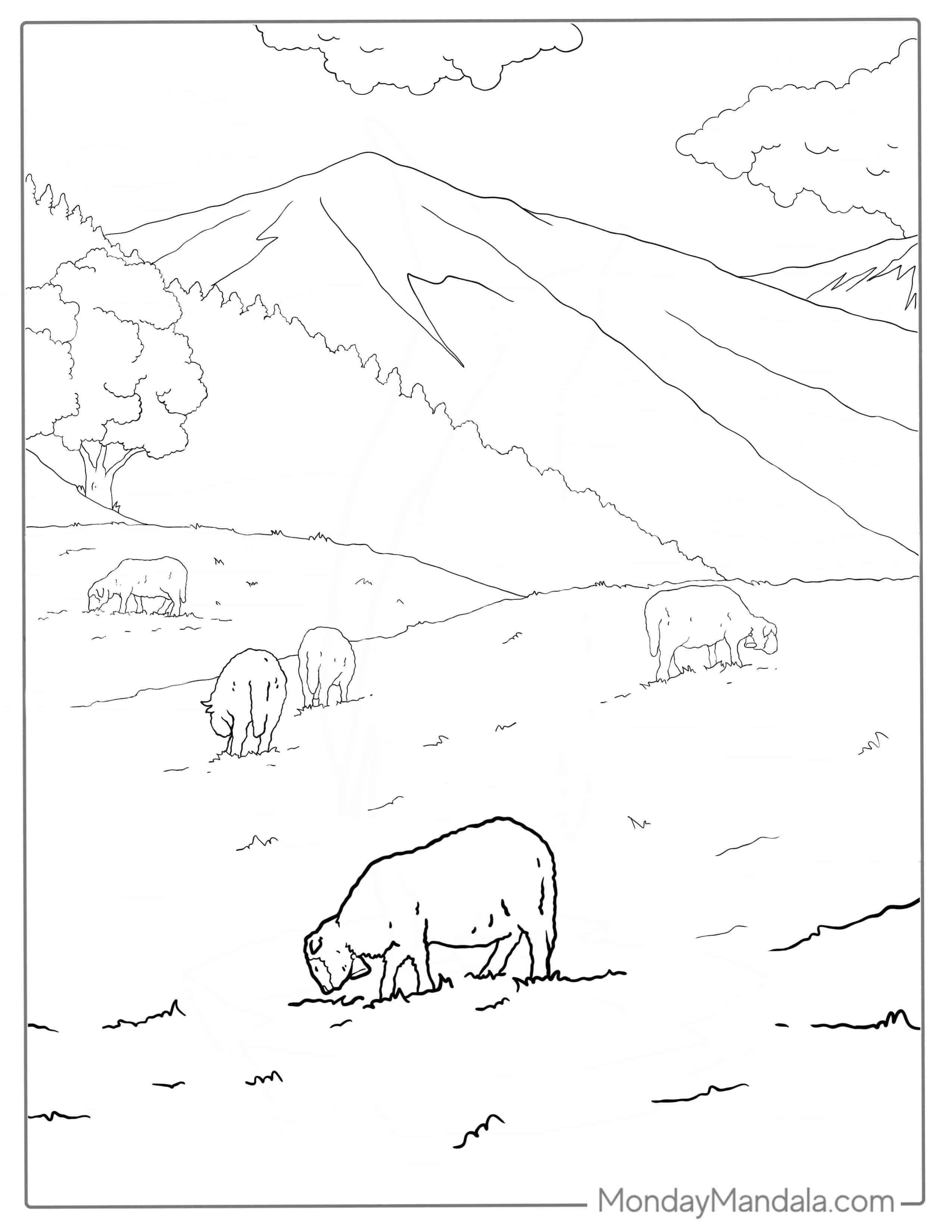 Sheep Grazing On A Farm Coloring Page coloring page — printable line art