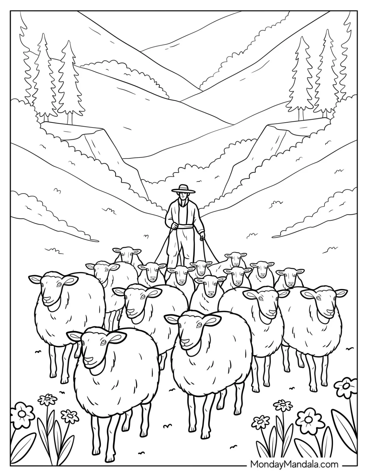 Shepherd Leading a Flock of Sheep Coloring Page Through Mountain Fields coloring page