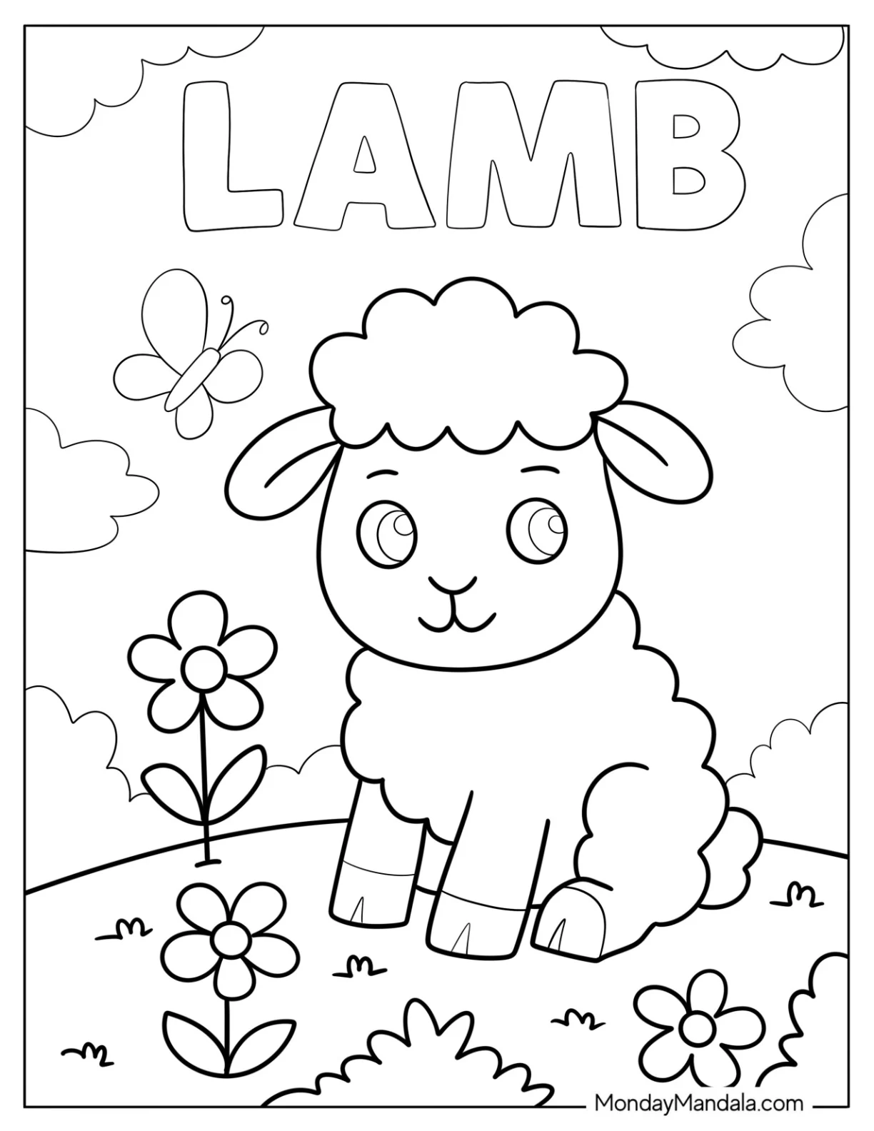 Simple Sheep Coloring Page with Flowers and Butterfly for Preschoolers coloring page