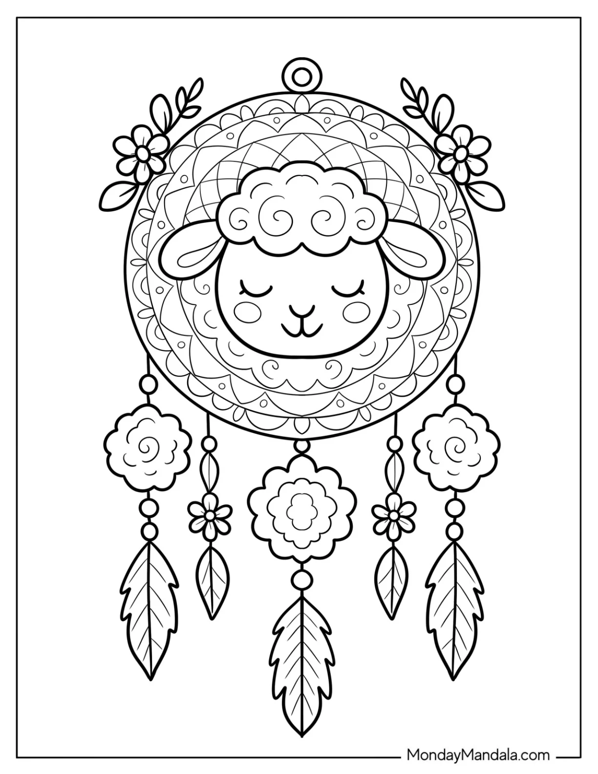 Sleepy Sheep Coloring Page Inside a Whimsical Dreamcatcher coloring page