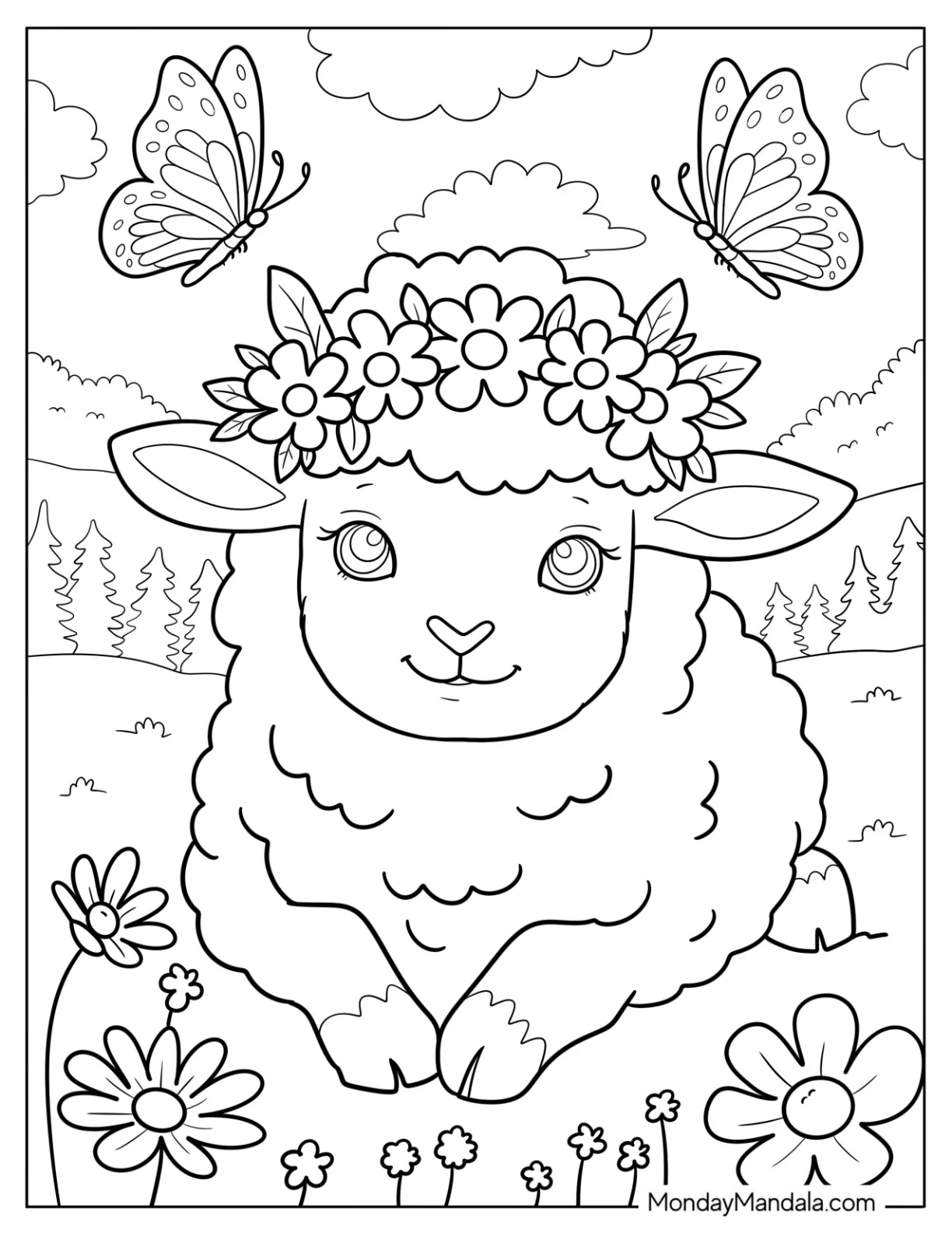 Sweet Cartoon Sheep Coloring Page in a Blooming Field with Butterflies coloring page
