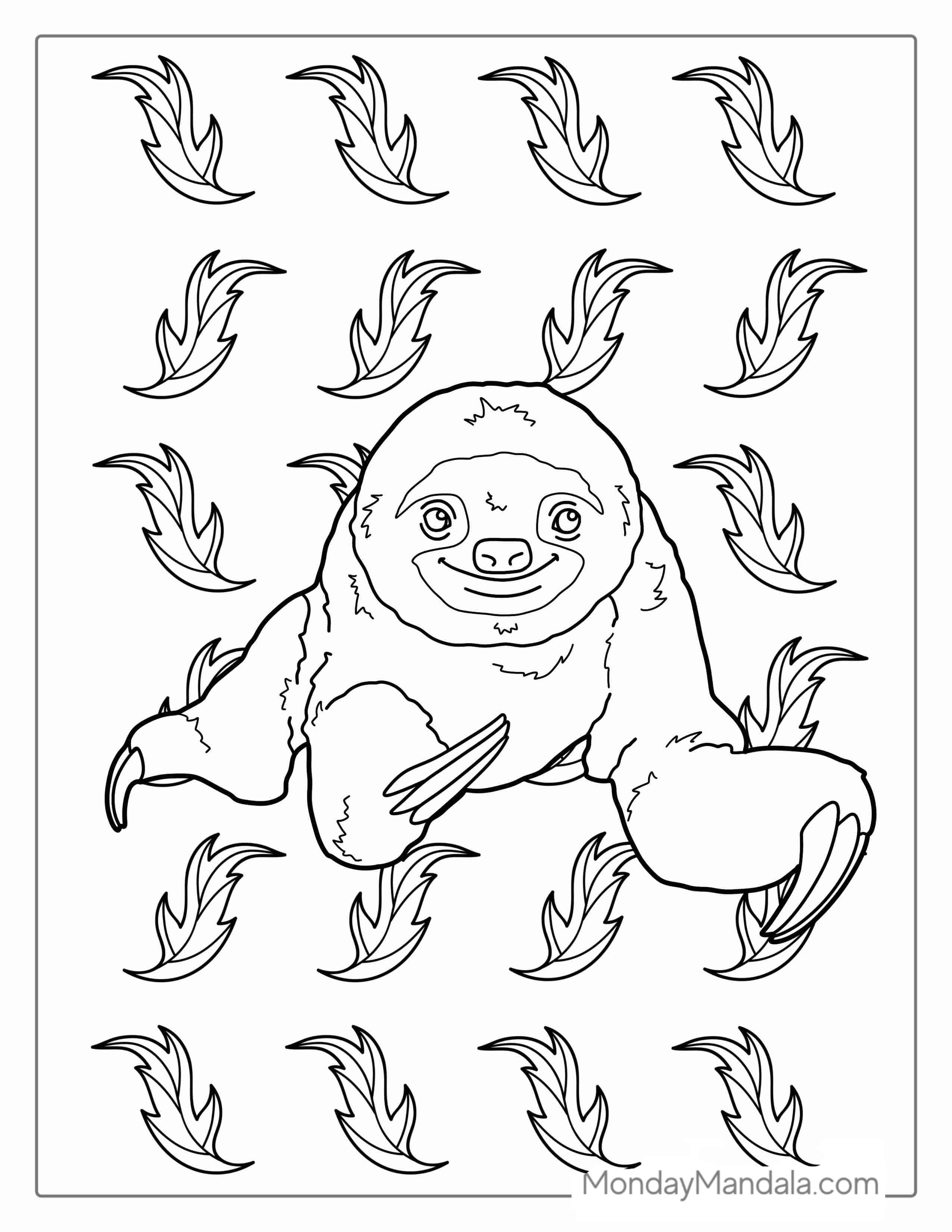 Adorable Sloth With Leaves Coloring coloring page