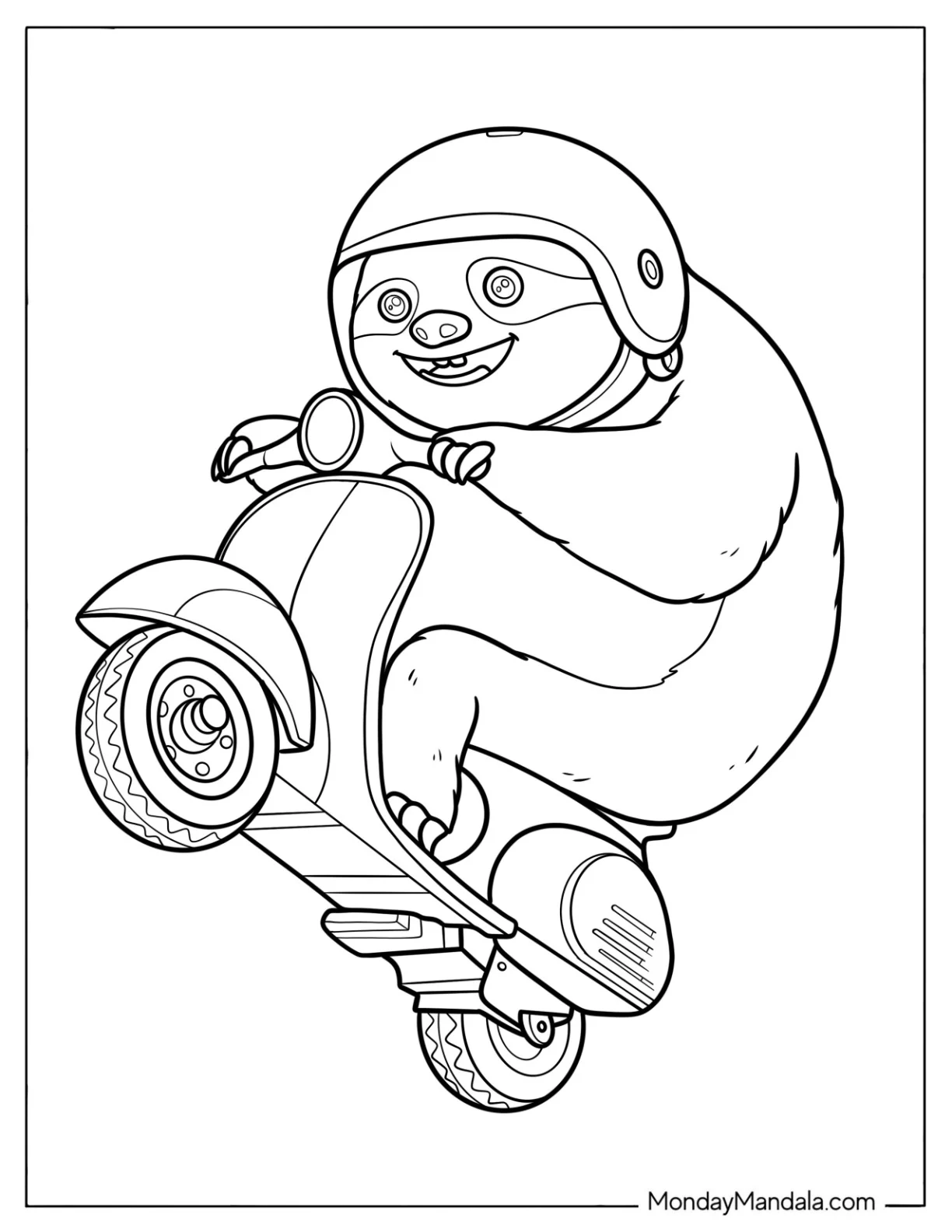 Adventurous Sloth Coloring Page Riding a Scooter for Kids coloring page