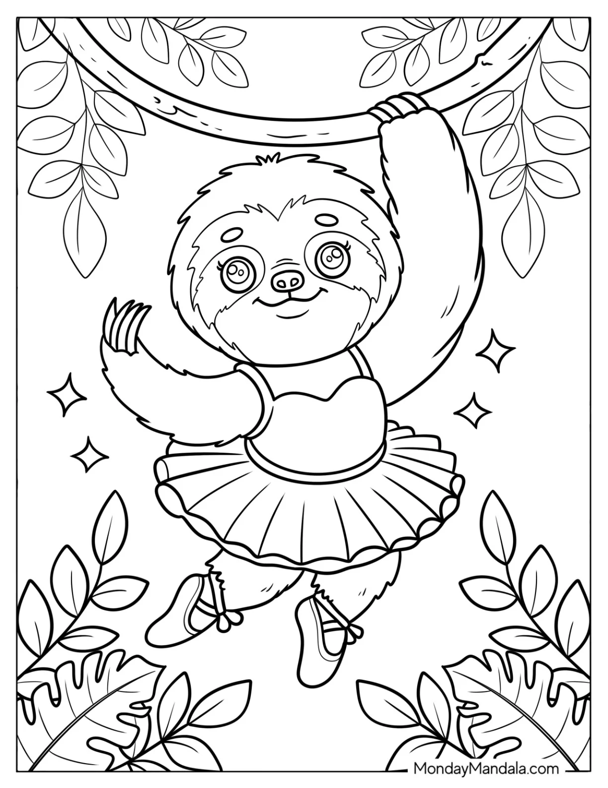 Ballerina Sloth Coloring Page Hanging from a Tree for Kids coloring page