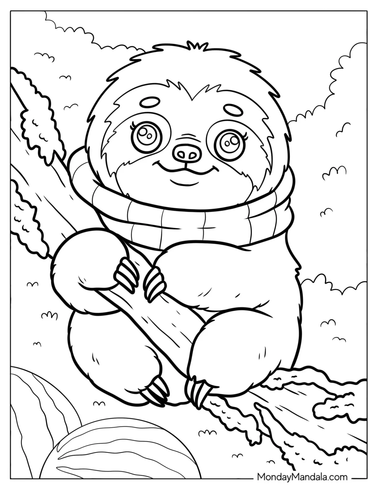 Cozy Sloth Coloring Page in a Scarf Clinging to a Tree Branch coloring page