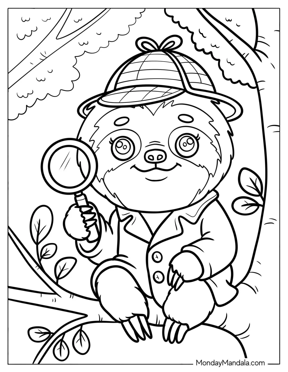 Detective Sloth Coloring Page with a Magnifying Glass on a Tree coloring page