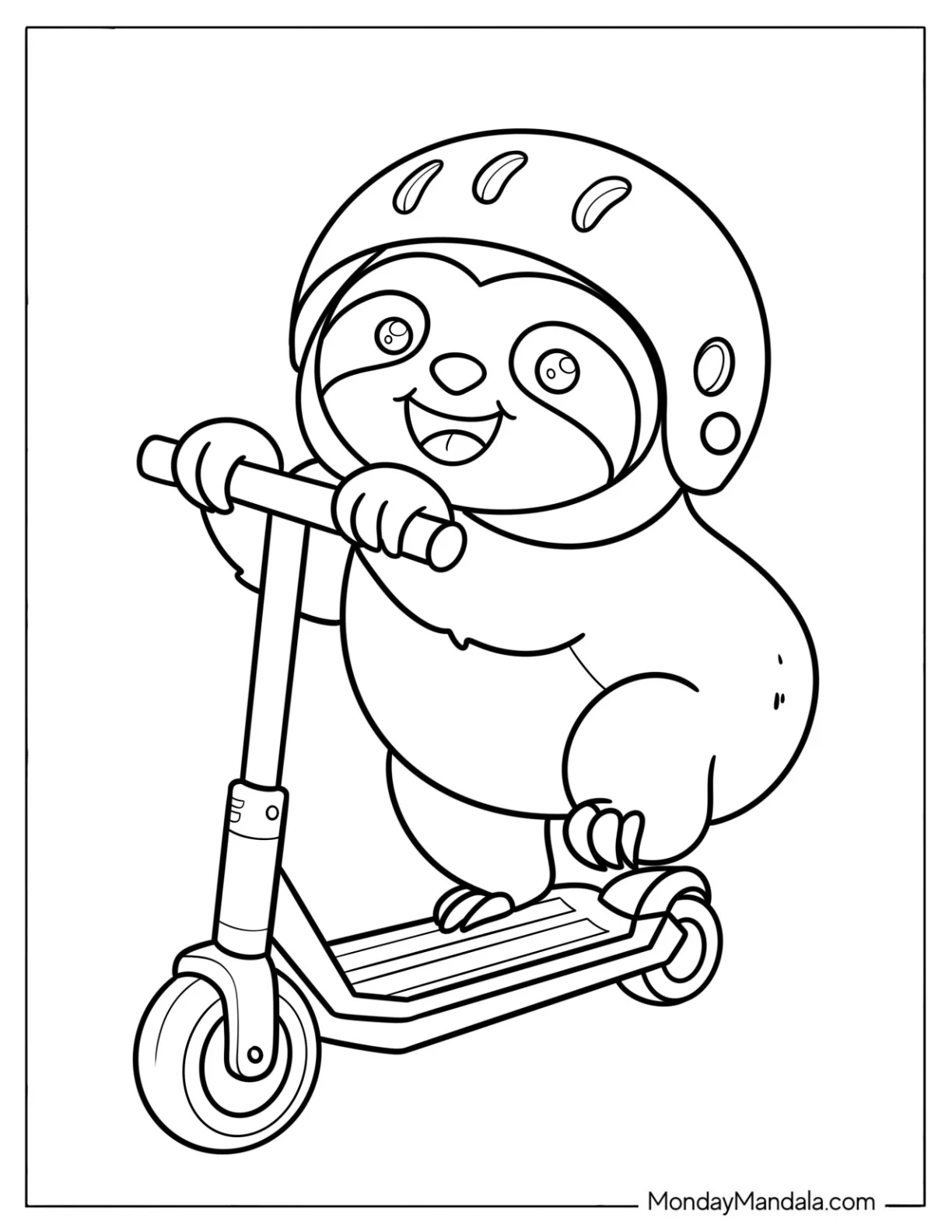 Easy Kid Sloth Coloring Page Riding a Scooter for Preschoolers coloring page